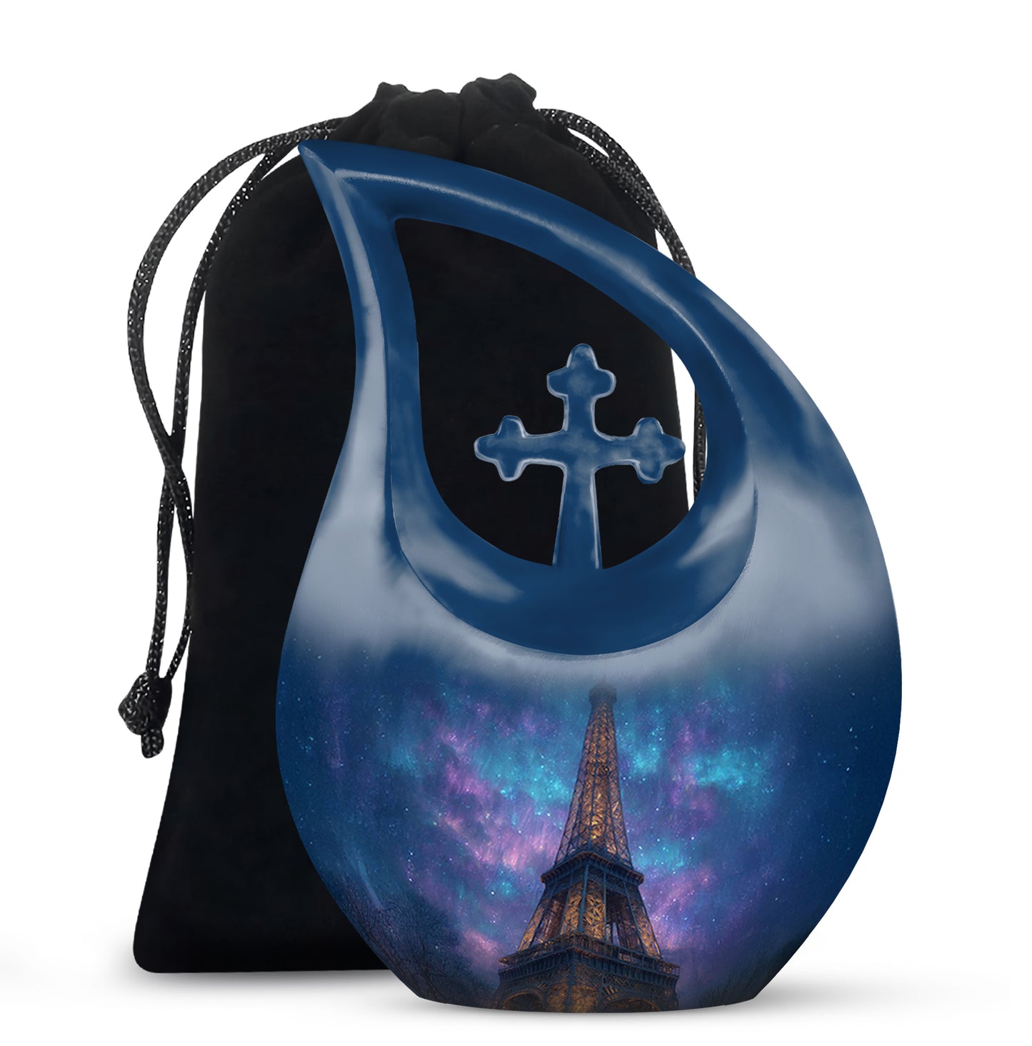 Steel Blue Eiffel Tower Cremation Urn top-down view of secure threaded lid - faith-inspired cross-drop urn with eiffel tower pattern - full-size 10 inch 200 cubic inch adult cremation urn