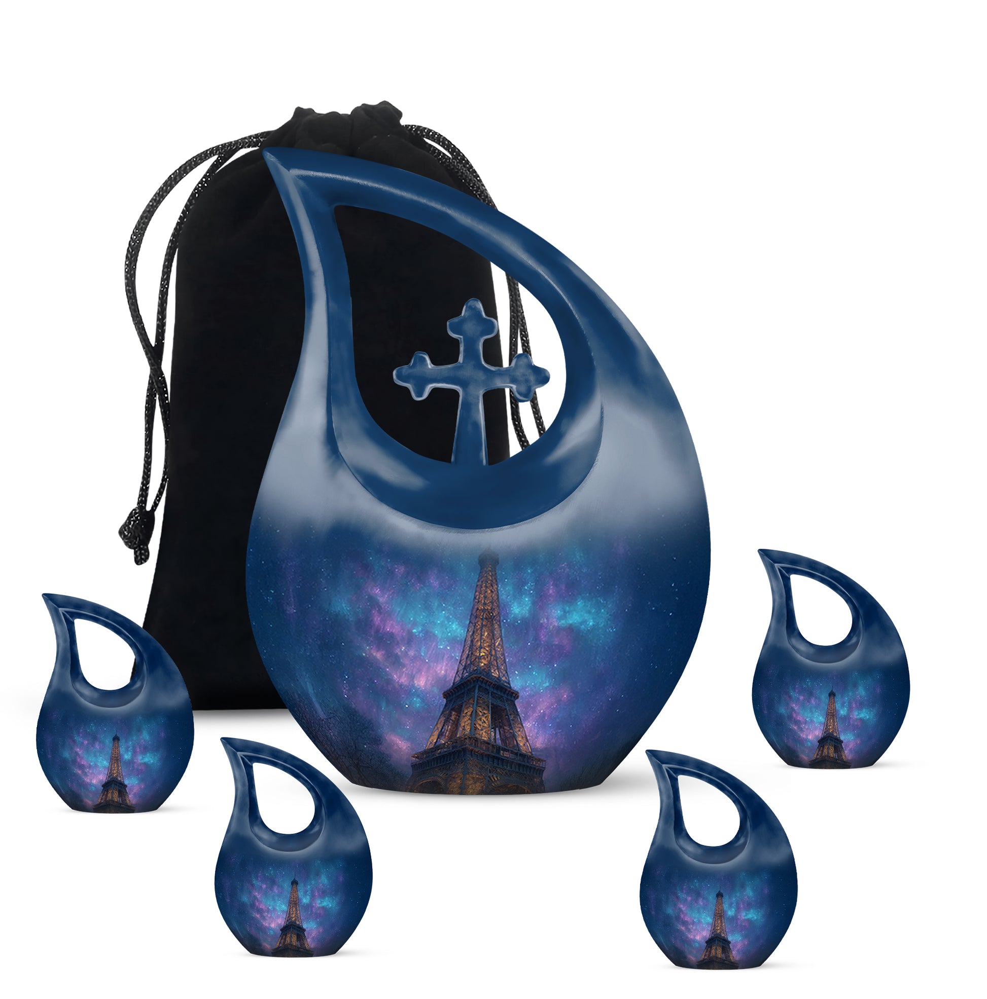 Twilight Blue Eiffel Tower Cremation Urn urn with complimentary velvet bag - devotional cross-drop eiffel tower engraving - memorial set with one large and four small urns
