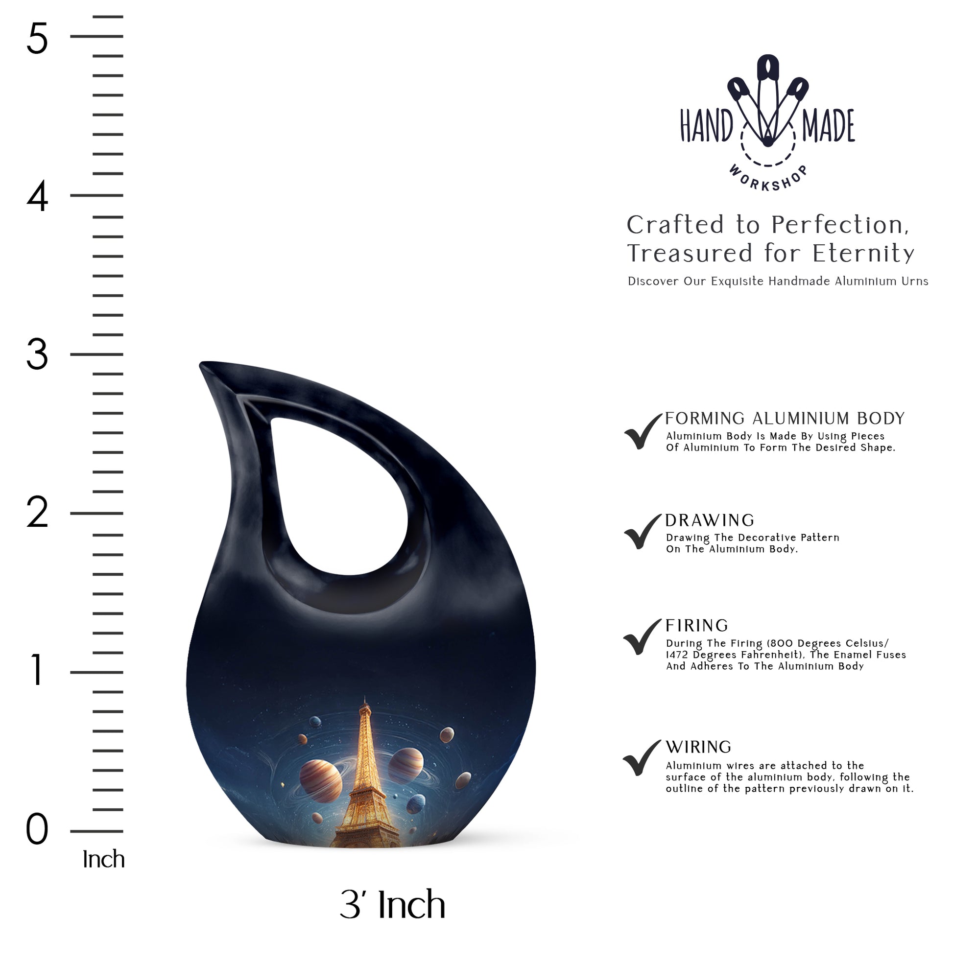 Navy Blue Eiffel Tower Cremation Urn back view with polished surface - cross and eiffel tower combined in spiritual memorial design - mini keepsake memorial for portion of cremation ashes