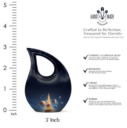 Navy Blue Eiffel Tower Cremation Urn back view with polished surface - cross and eiffel tower combined in spiritual memorial design - mini keepsake memorial for portion of cremation ashes
