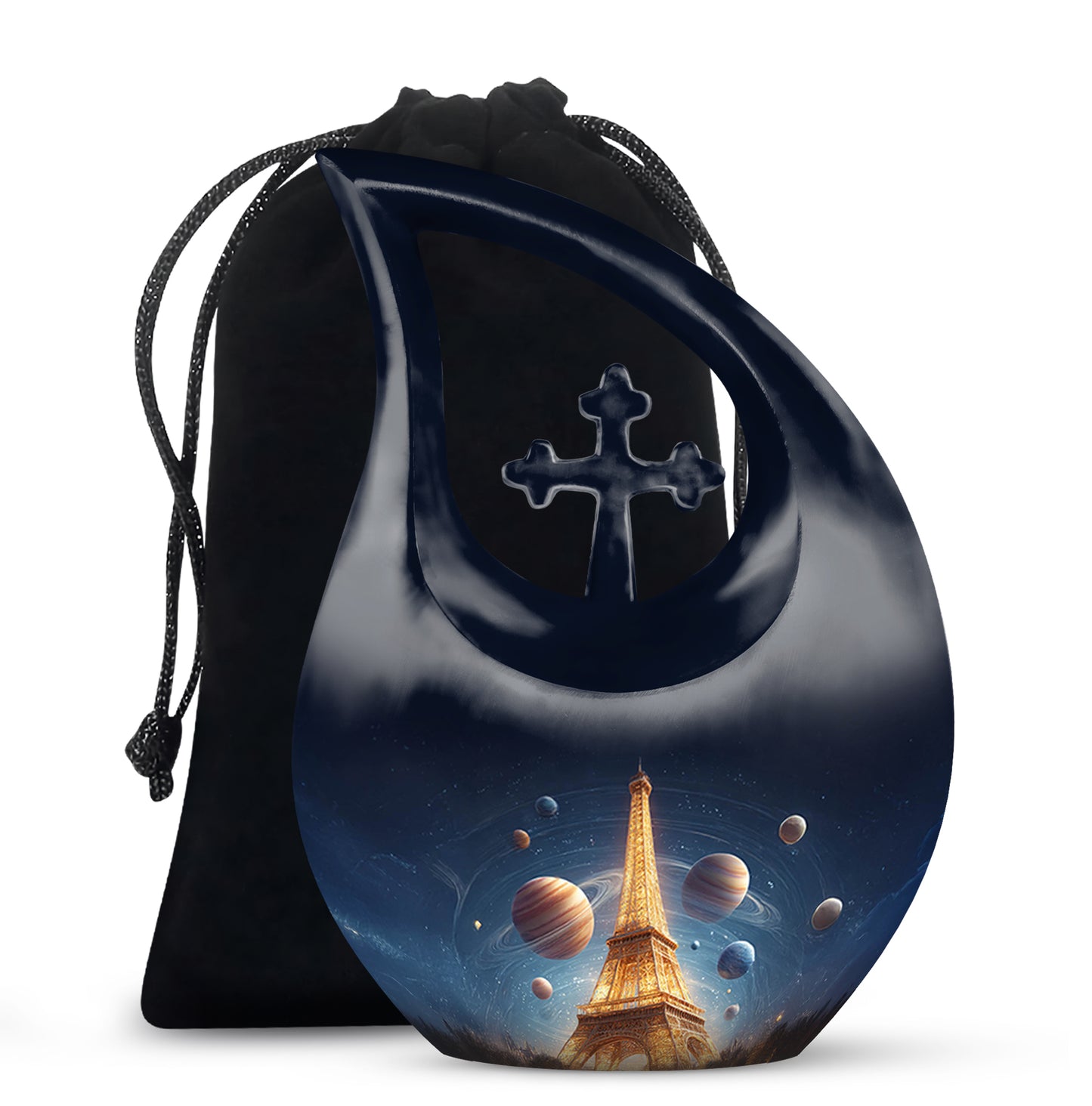 Calming Blue Eiffel Tower Cremation Urn top-down view of secure threaded lid - devotional cross-drop eiffel tower engraving - full-size 10 inch 200 cubic inch adult cremation urn