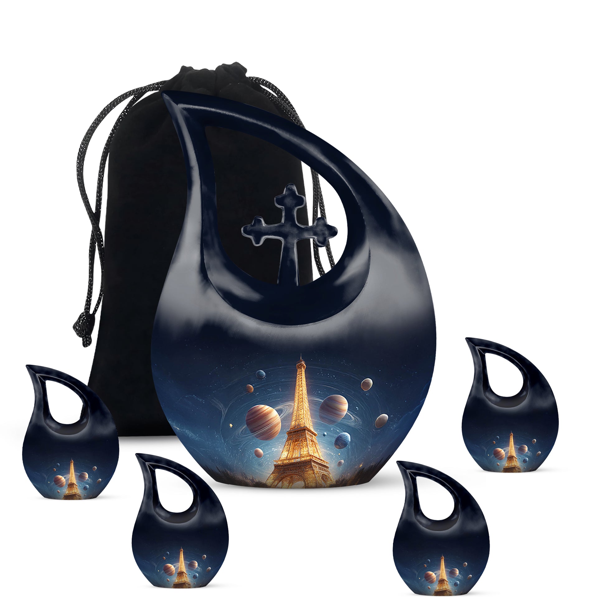 Sapphire Blue Eiffel Tower Cremation Urn urn with complimentary velvet bag - devotional cross-drop eiffel tower engraving - memorial set with one large and four small urns