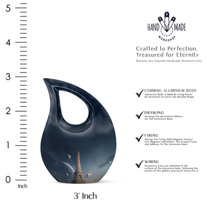 Royal Blue Eiffel Tower Cremation Urn back view with polished surface - faith-inspired cross-drop urn with eiffel tower pattern - mini keepsake memorial for portion of cremation ashes