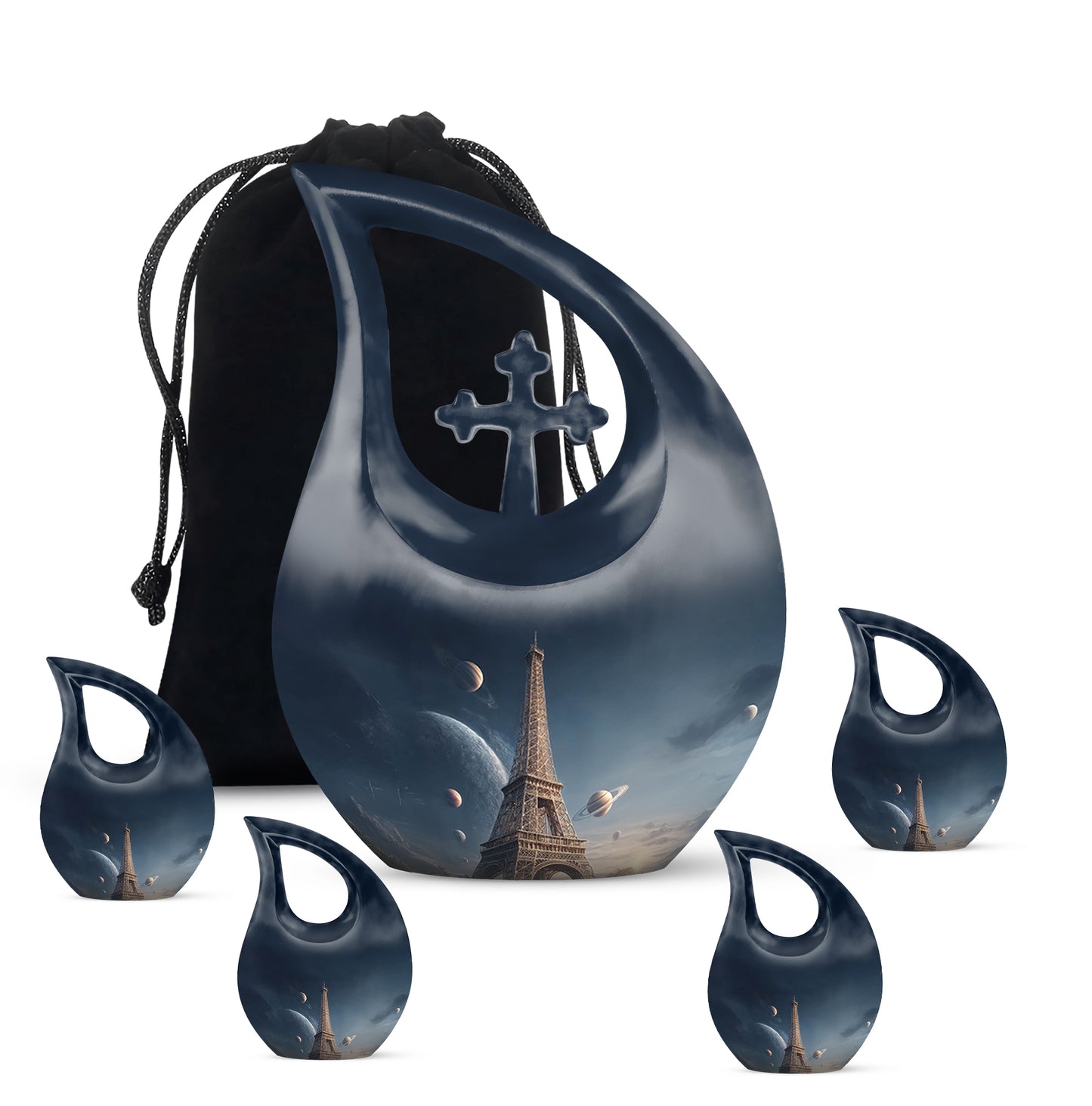 Twilight Blue Eiffel Tower Cremation Urn urn with complimentary velvet bag - devotional cross-drop eiffel tower engraving - memorial set with one large and four small urns