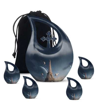 Twilight Blue Eiffel Tower Cremation Urn urn with complimentary velvet bag - devotional cross-drop eiffel tower engraving - memorial set with one large and four small urns