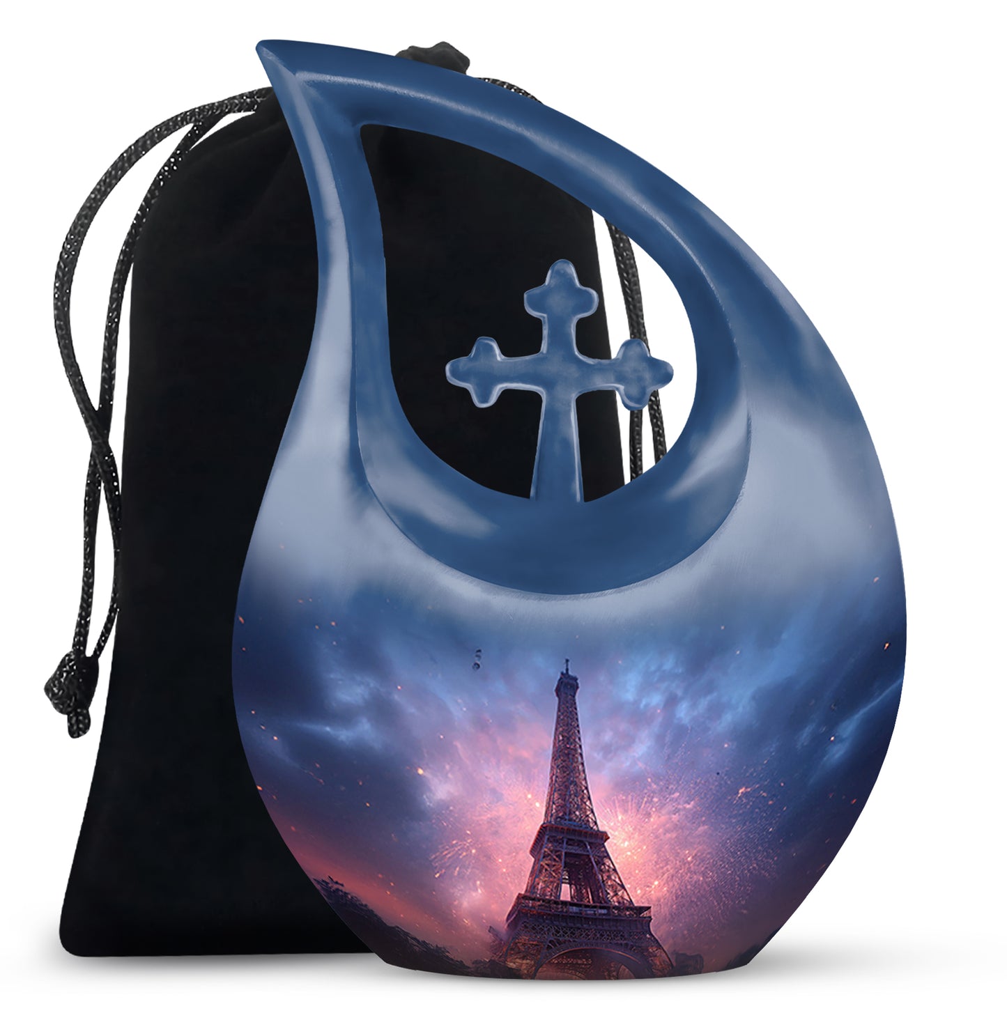 Dusty Blue Eiffel Tower Cremation Urn top-down view of secure threaded lid - sacred cross merged with eiffel tower motif on metal - full-size 10 inch 200 cubic inch adult cremation urn