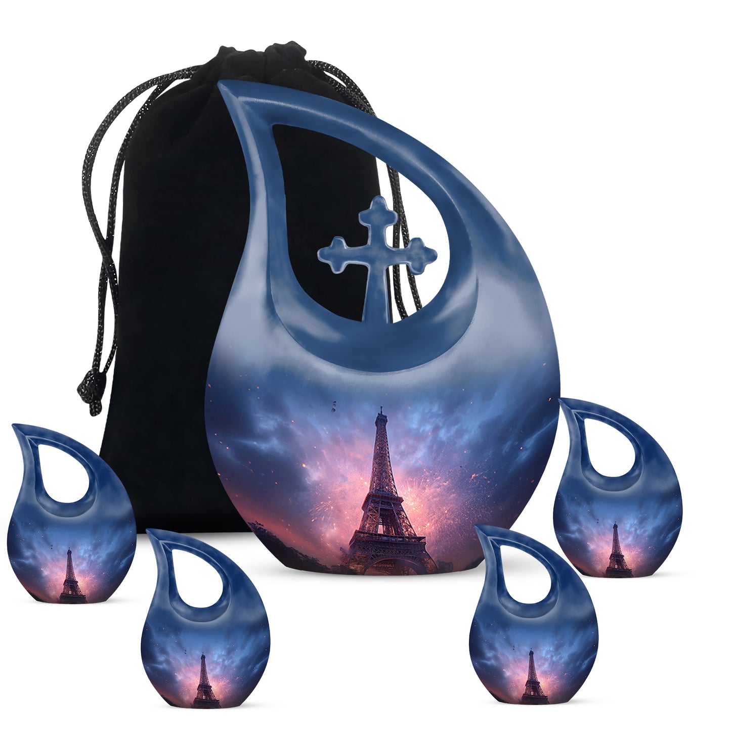 Dusty Blue Eiffel Tower Cremation Urn urn with complimentary velvet bag - sacred cross merged with eiffel tower motif on metal - memorial set with one large and four small urns