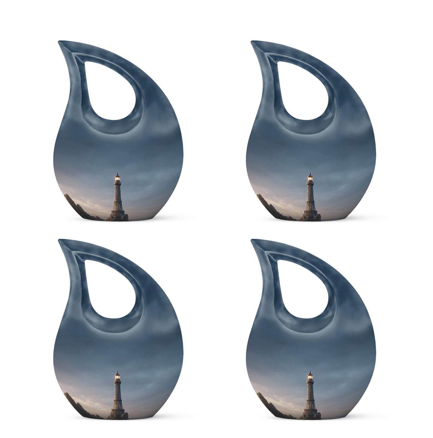 Azure Eiffel Tower Cremation Urn lifestyle display on memorial shelf - sacred cross merged with eiffel tower motif on metal - 10 inch aluminum urn for cremated remains