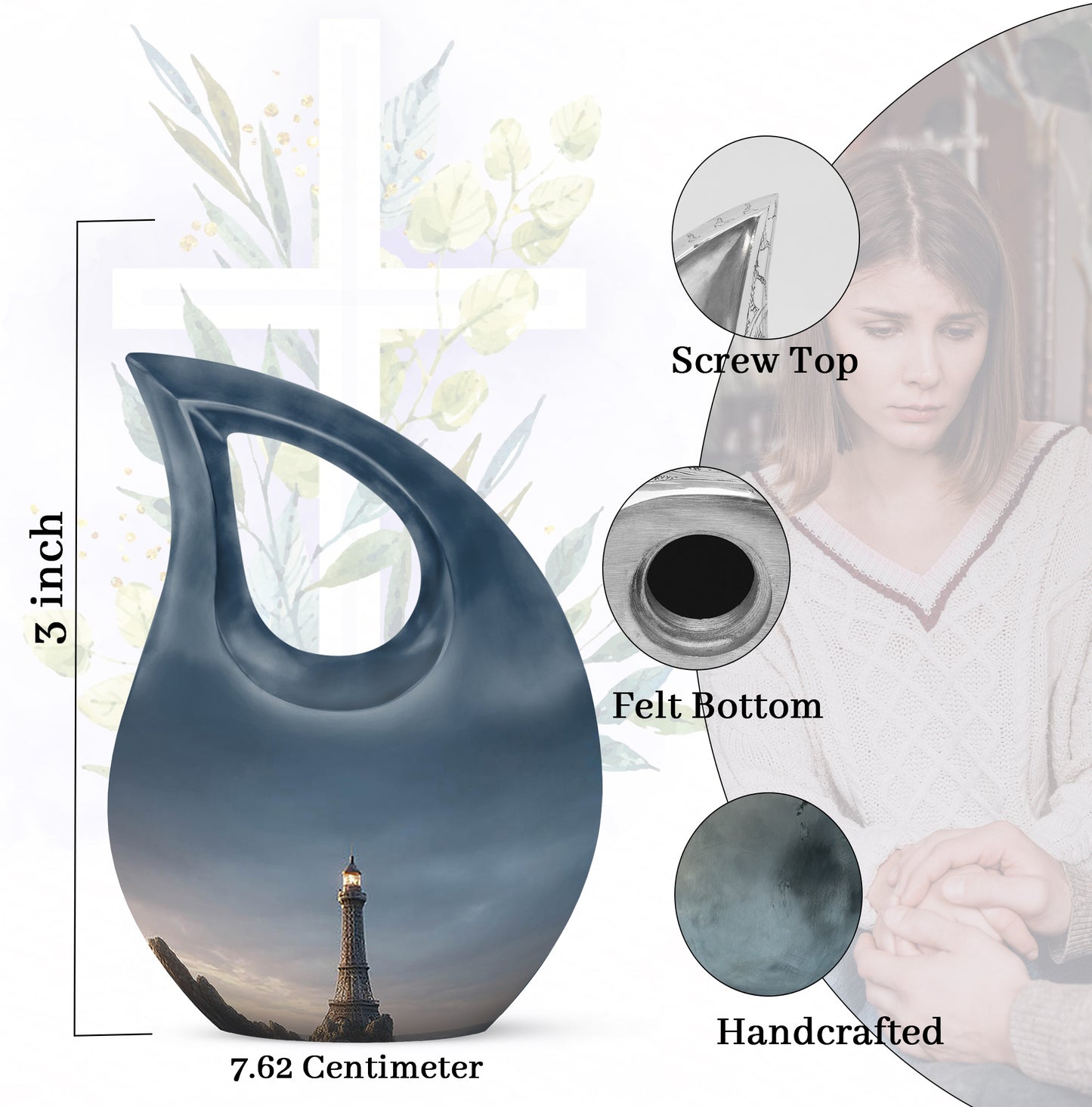 Calming Blue Eiffel Tower Cremation Urn back view with polished surface - devotional cross-drop eiffel tower engraving - mini keepsake memorial for portion of cremation ashes