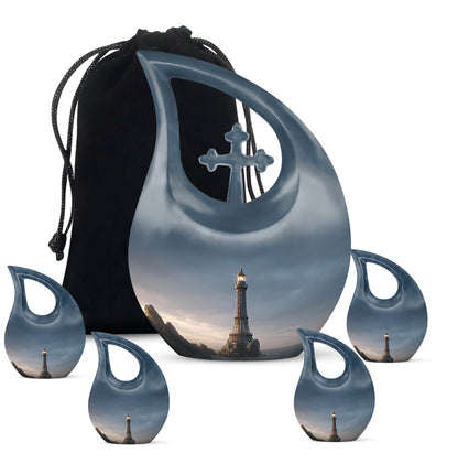 Slate Blue Eiffel Tower Cremation Urn urn with complimentary velvet bag - sacred cross merged with eiffel tower motif on metal - memorial set with one large and four small urns