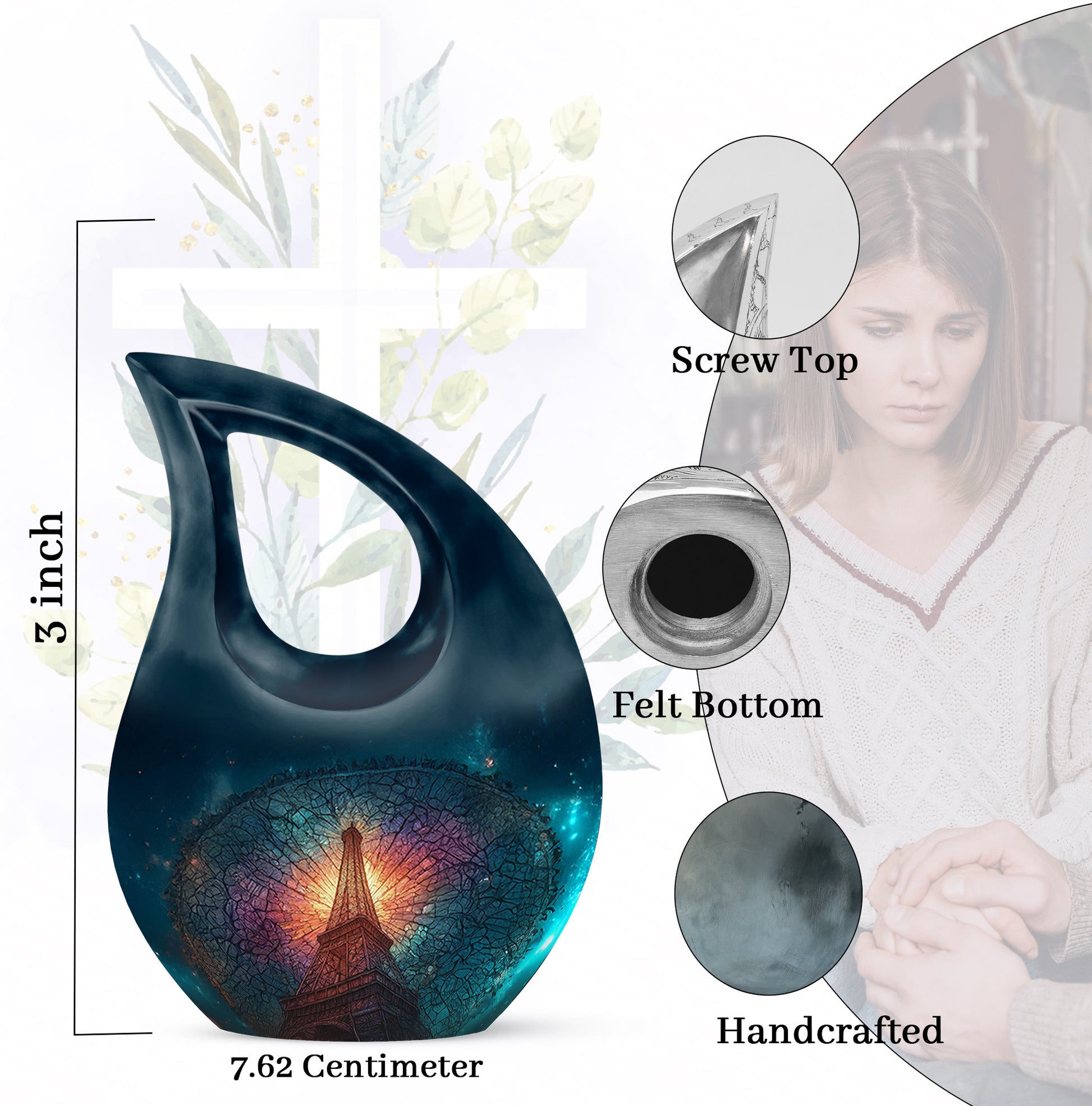 Vivid Blue Eiffel Tower Cremation Urn back view with polished surface - devotional cross-drop eiffel tower engraving - mini keepsake memorial for portion of cremation ashes