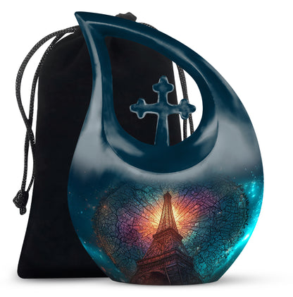 Indigo Eiffel Tower Cremation Urn top-down view of secure threaded lid - sacred cross merged with eiffel tower motif on metal - full-size 10 inch 200 cubic inch adult cremation urn