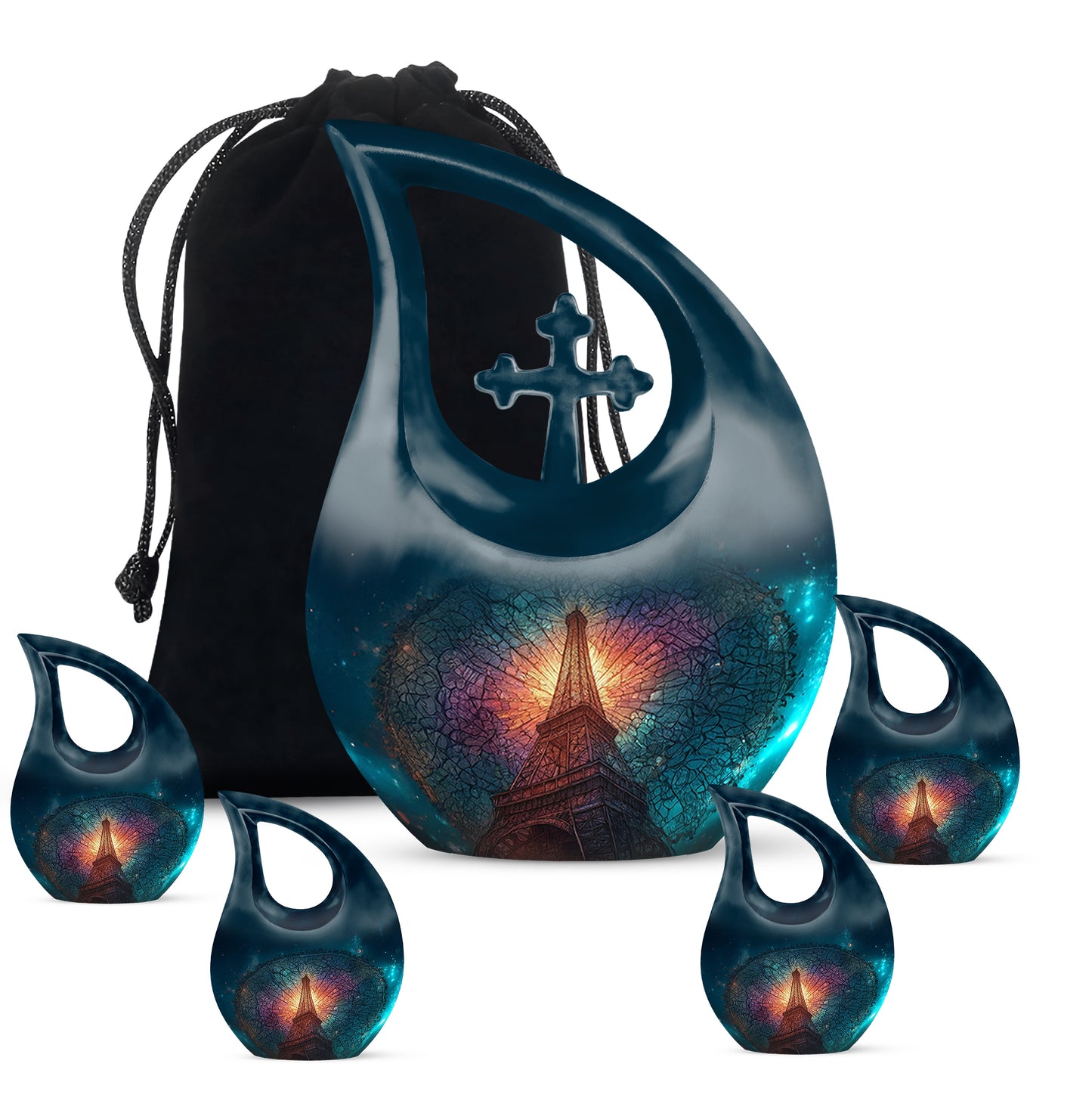 Steel Blue Eiffel Tower Cremation Urn urn with complimentary velvet bag - devotional cross-drop eiffel tower engraving - memorial set with one large and four small urns