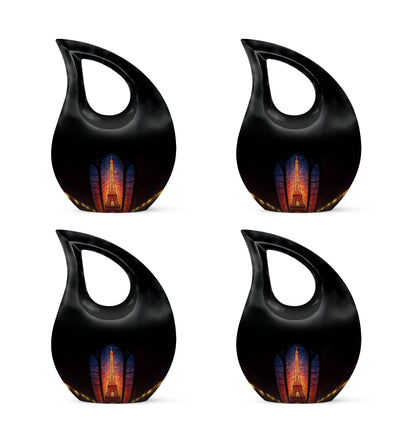 Ebony Eiffel Tower Cremation Urn lifestyle display on memorial shelf - sacred cross merged with eiffel tower motif on metal - 10 inch aluminum urn for cremated remains