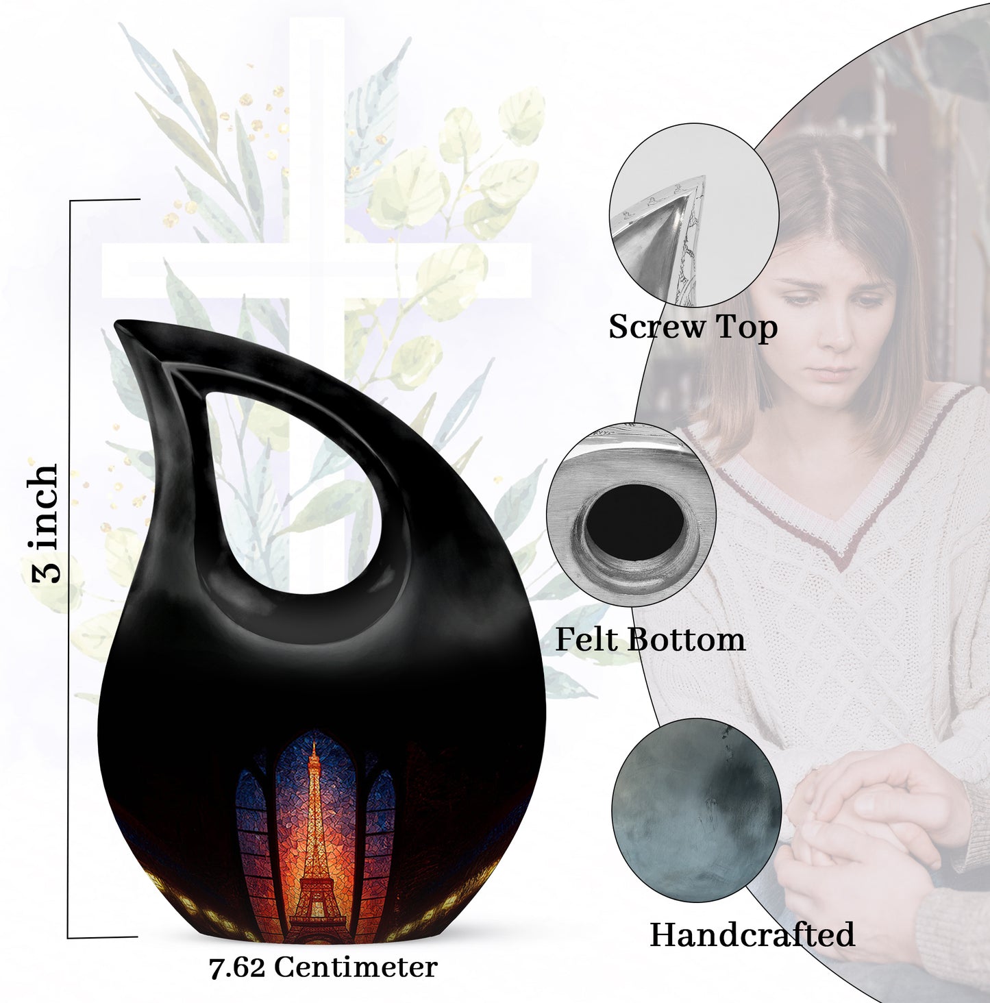 Ebony Eiffel Tower Cremation Urn back view with polished surface - sacred cross merged with eiffel tower motif on metal - mini keepsake memorial for portion of cremation ashes
