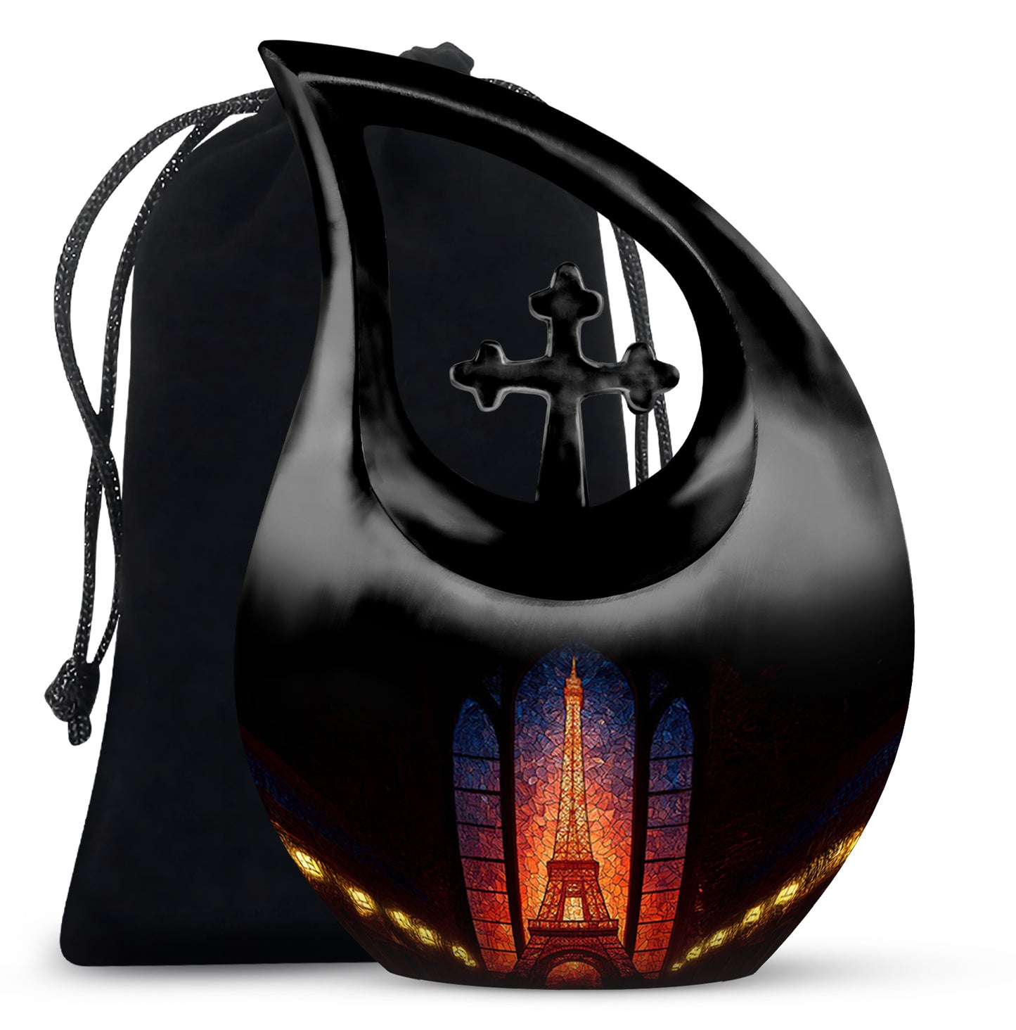 Deep Black Eiffel Tower Cremation Urn top-down view of secure threaded lid - cross and eiffel tower combined in spiritual memorial design - full-size 10 inch 200 cubic inch adult cremation urn