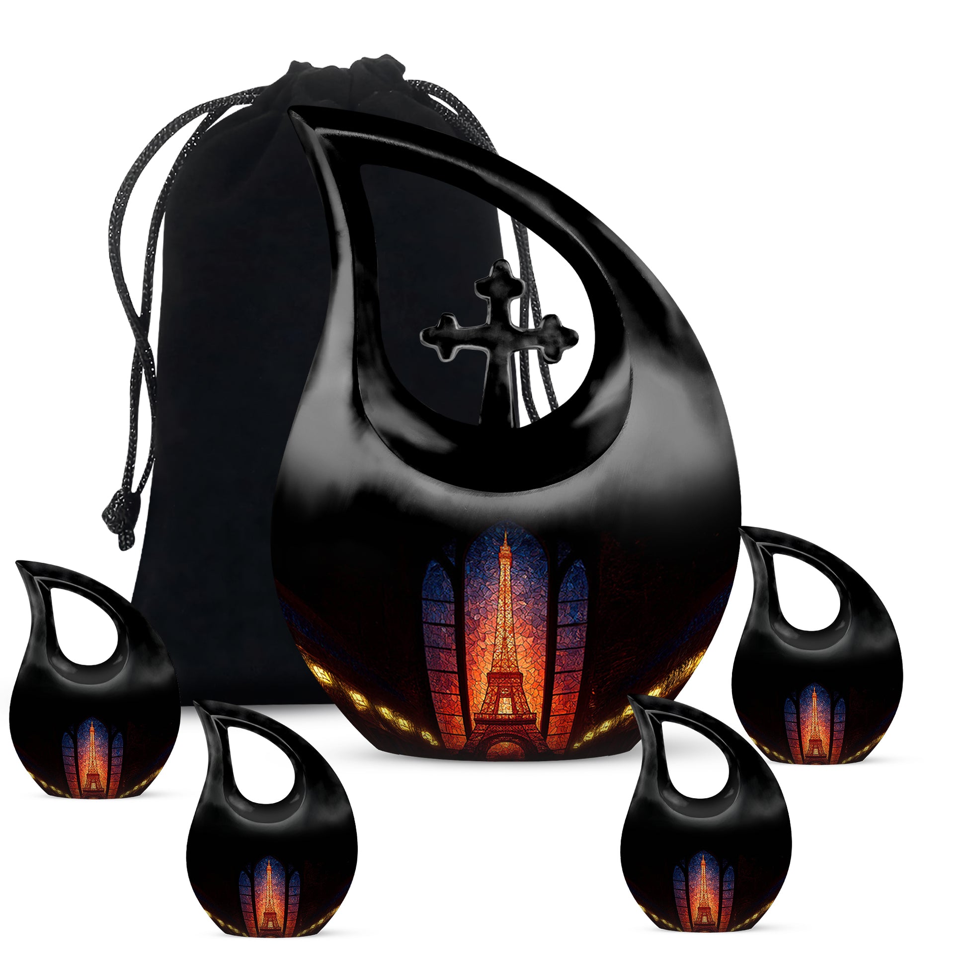 Midnight Black Eiffel Tower Cremation Urn urn with complimentary velvet bag - faith-inspired cross-drop urn with eiffel tower pattern - memorial set with one large and four small urns