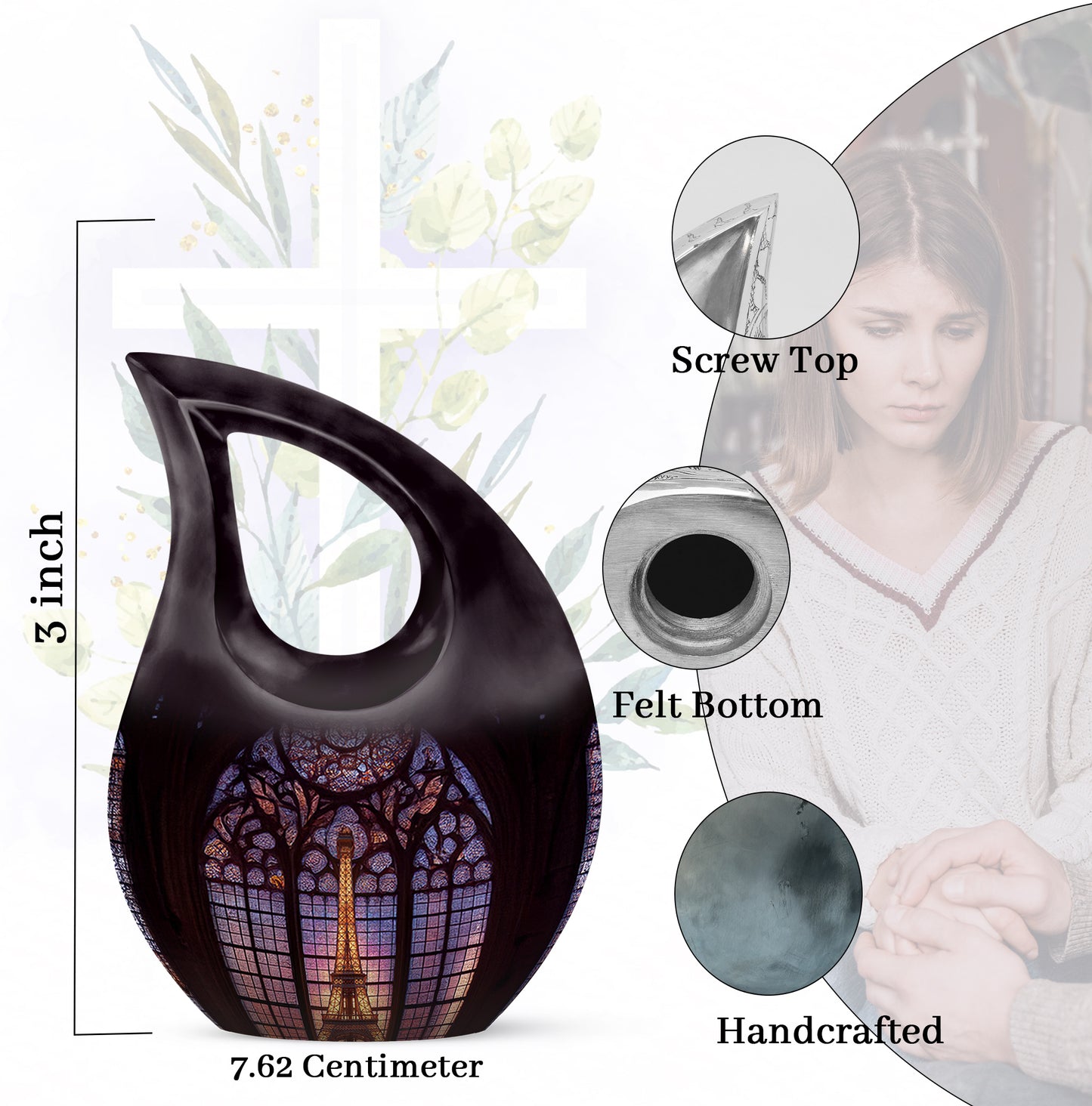 Jet Black Eiffel Tower Cremation Urn back view with polished surface - sacred cross merged with eiffel tower motif on metal - mini keepsake memorial for portion of cremation ashes