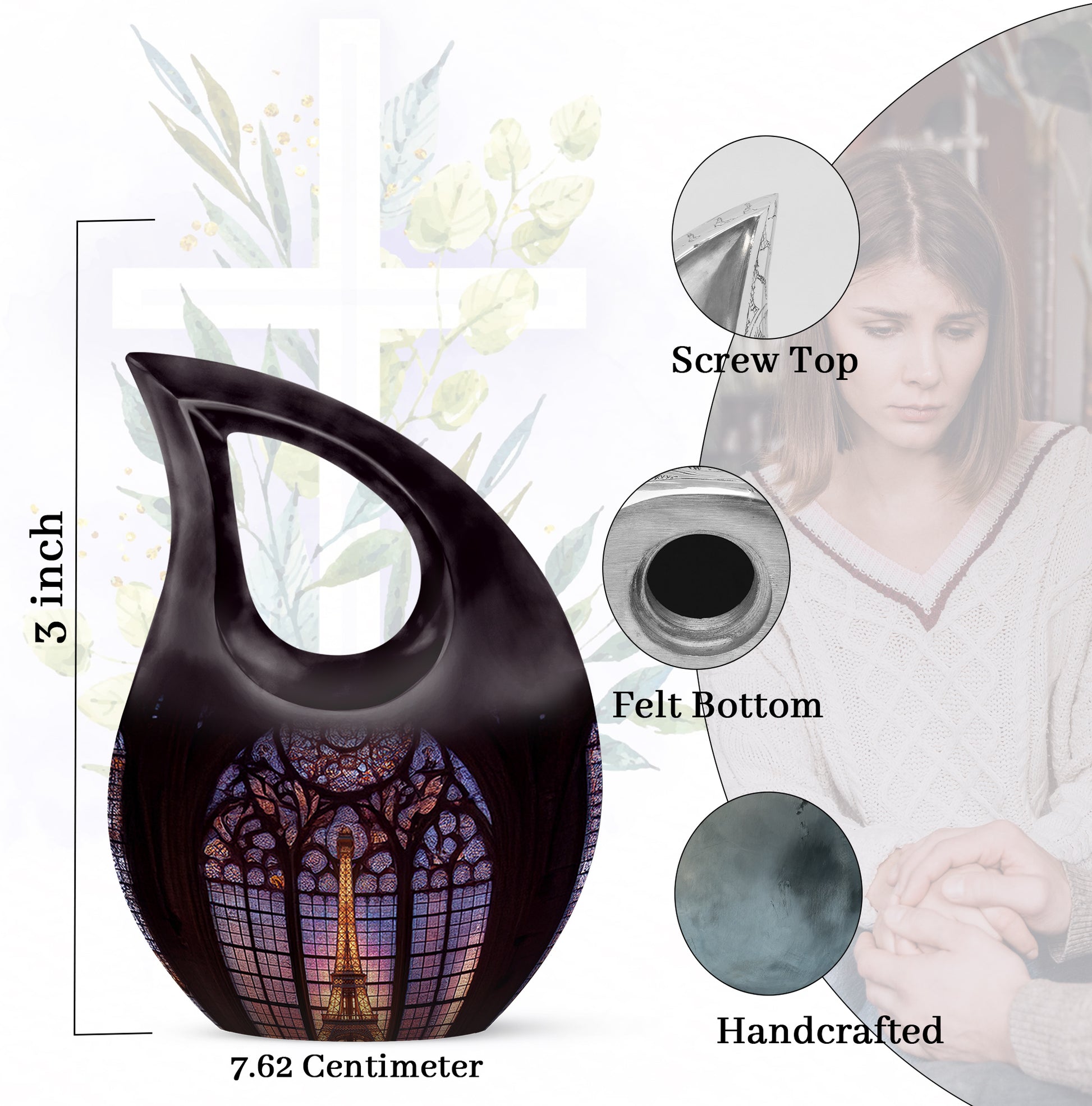 Jet Black Eiffel Tower Cremation Urn back view with polished surface - sacred cross merged with eiffel tower motif on metal - mini keepsake memorial for portion of cremation ashes