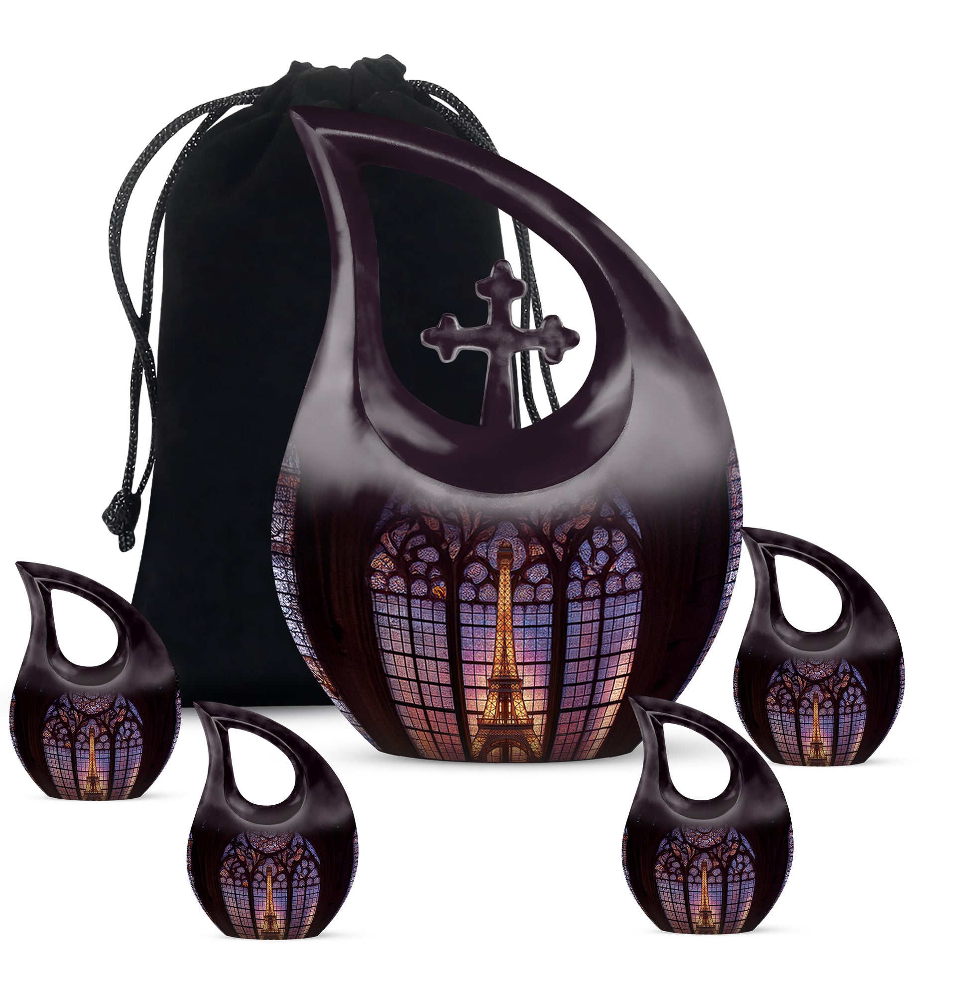 Rich Black Eiffel Tower Cremation Urn urn with complimentary velvet bag - cross and eiffel tower combined in spiritual memorial design - memorial set with one large and four small urns
