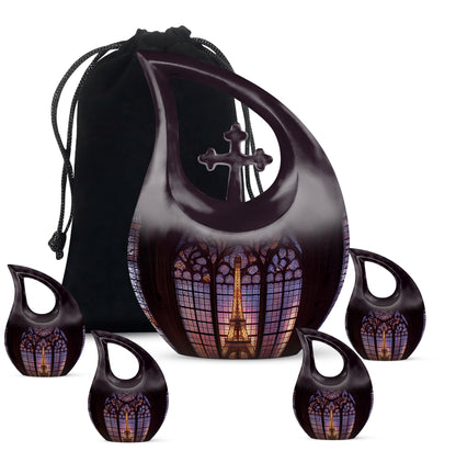 Rich Black Eiffel Tower Cremation Urn urn with complimentary velvet bag - cross and eiffel tower combined in spiritual memorial design - memorial set with one large and four small urns