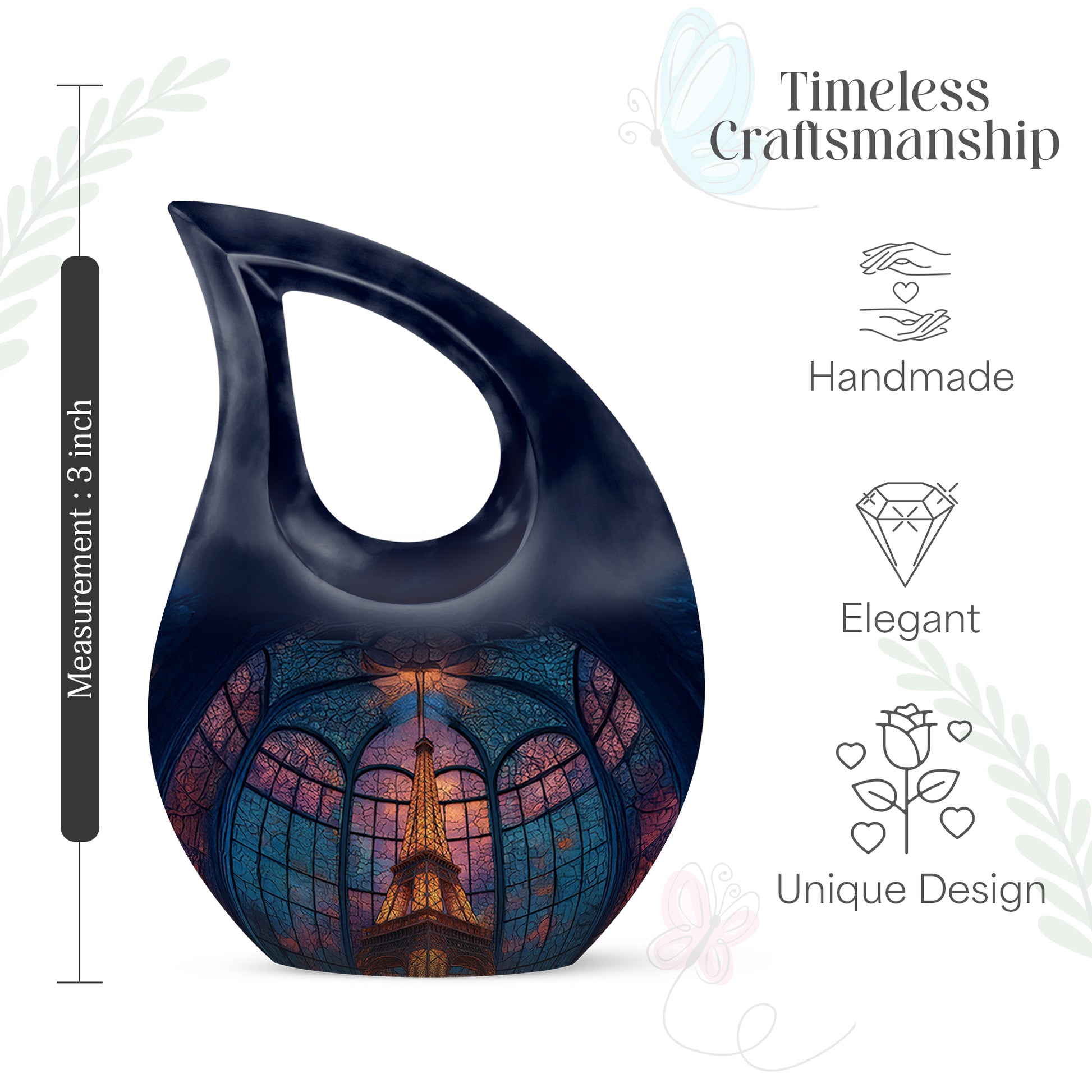 Slate Blue Eiffel Tower Cremation Urn back view with polished surface - sacred cross merged with eiffel tower motif on metal - mini keepsake memorial for portion of cremation ashes
