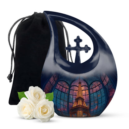 Bright Blue Eiffel Tower Cremation Urn top-down view of secure threaded lid - faith-inspired cross-drop urn with eiffel tower pattern - full-size 10 inch 200 cubic inch adult cremation urn