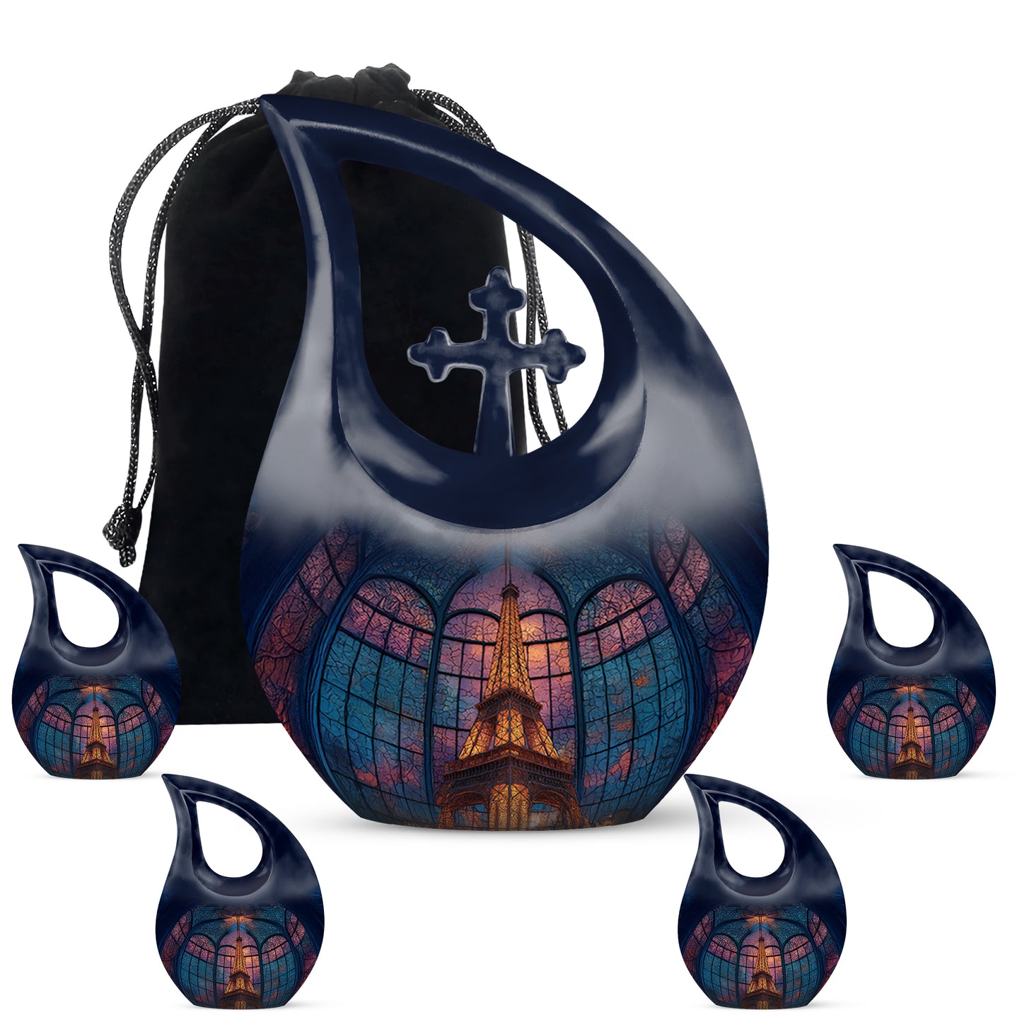 Cobalt Blue Eiffel Tower Cremation Urn urn with complimentary velvet bag - devotional cross-drop eiffel tower engraving - memorial set with one large and four small urns