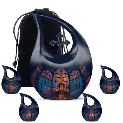Cobalt Blue Eiffel Tower Cremation Urn urn with complimentary velvet bag - devotional cross-drop eiffel tower engraving - memorial set with one large and four small urns