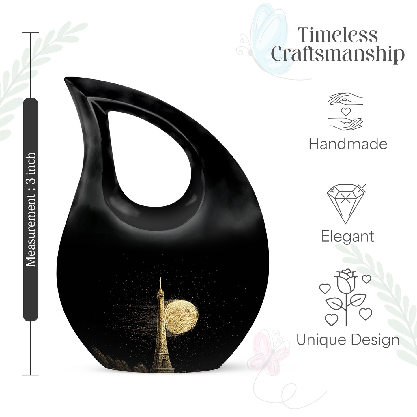 Ebony Eiffel Tower Cremation Urn back view with polished surface - sacred cross merged with eiffel tower motif on metal - mini keepsake memorial for portion of cremation ashes