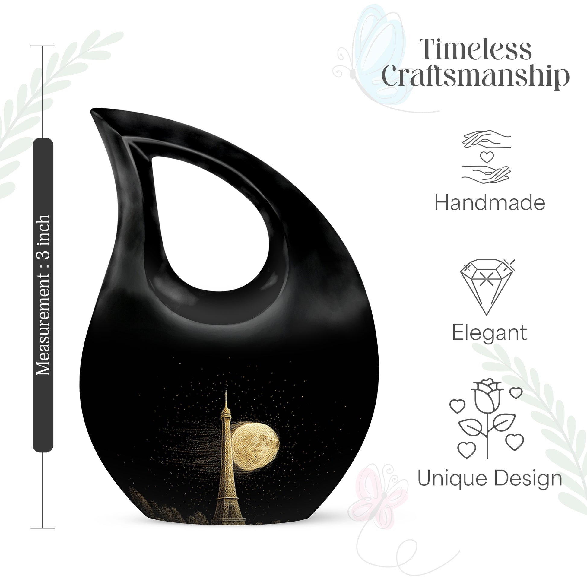 Ebony Eiffel Tower Cremation Urn back view with polished surface - sacred cross merged with eiffel tower motif on metal - mini keepsake memorial for portion of cremation ashes