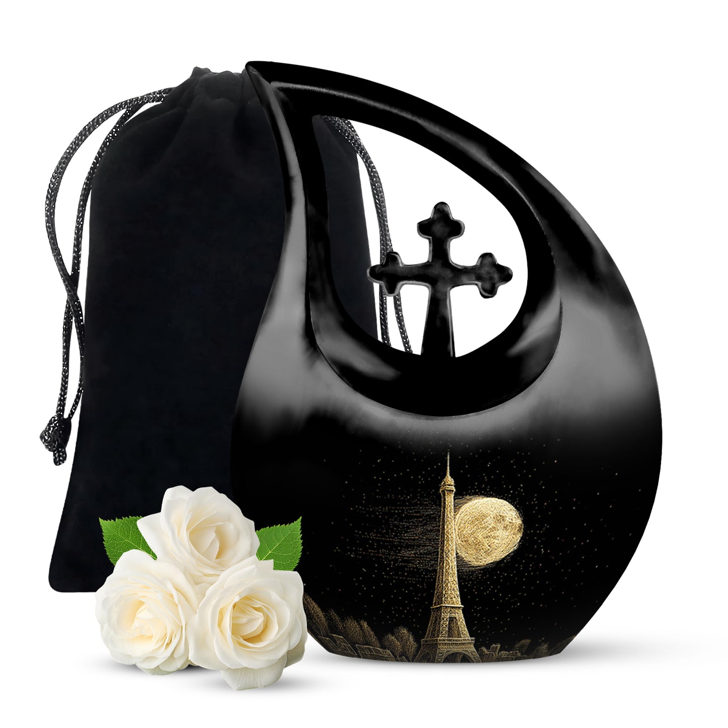 Midnight Black Eiffel Tower Cremation Urn top-down view of secure threaded lid - devotional cross-drop eiffel tower engraving - full-size 10 inch 200 cubic inch adult cremation urn