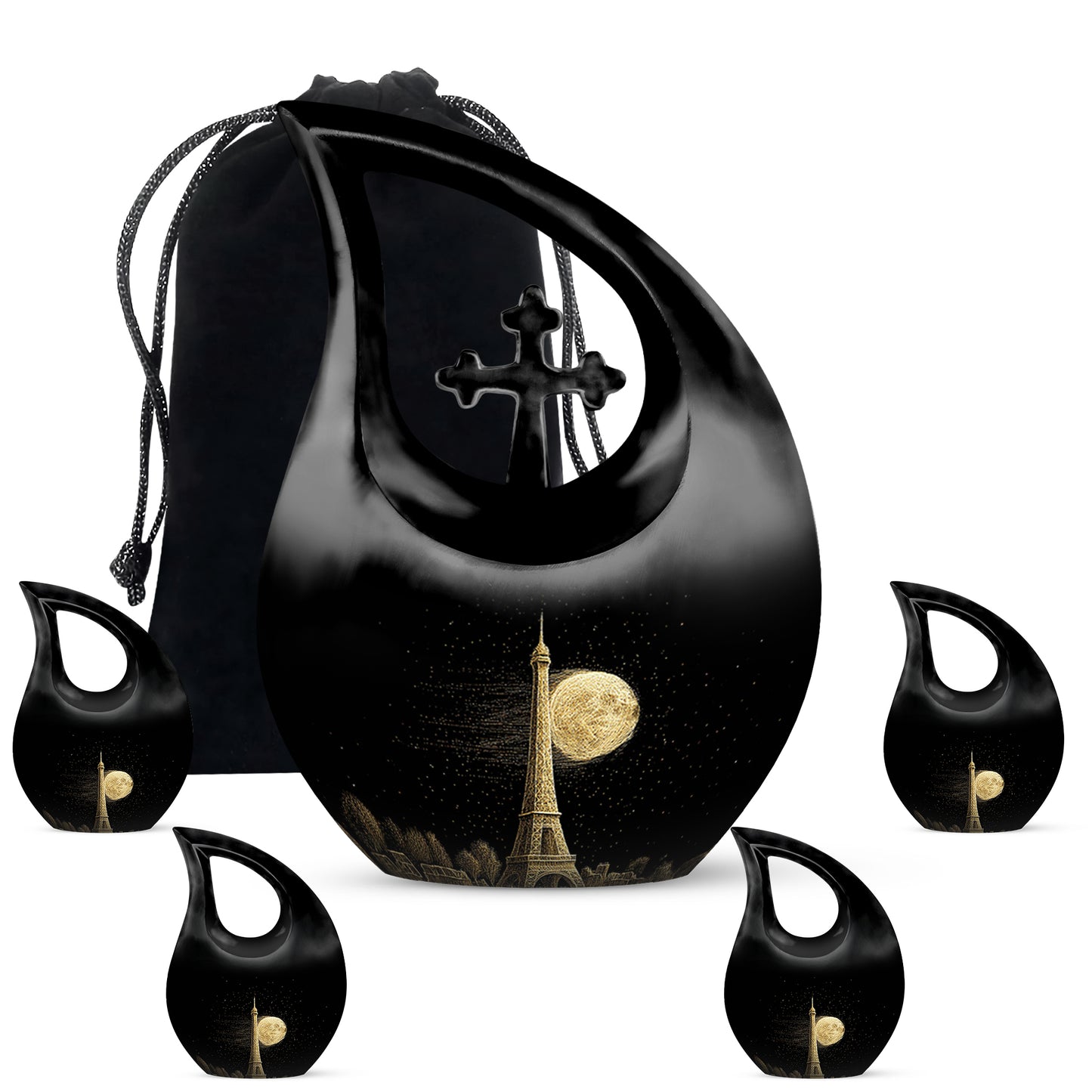 Glossy Black Eiffel Tower Cremation Urn urn with complimentary velvet bag - sacred cross merged with eiffel tower motif on metal - memorial set with one large and four small urns