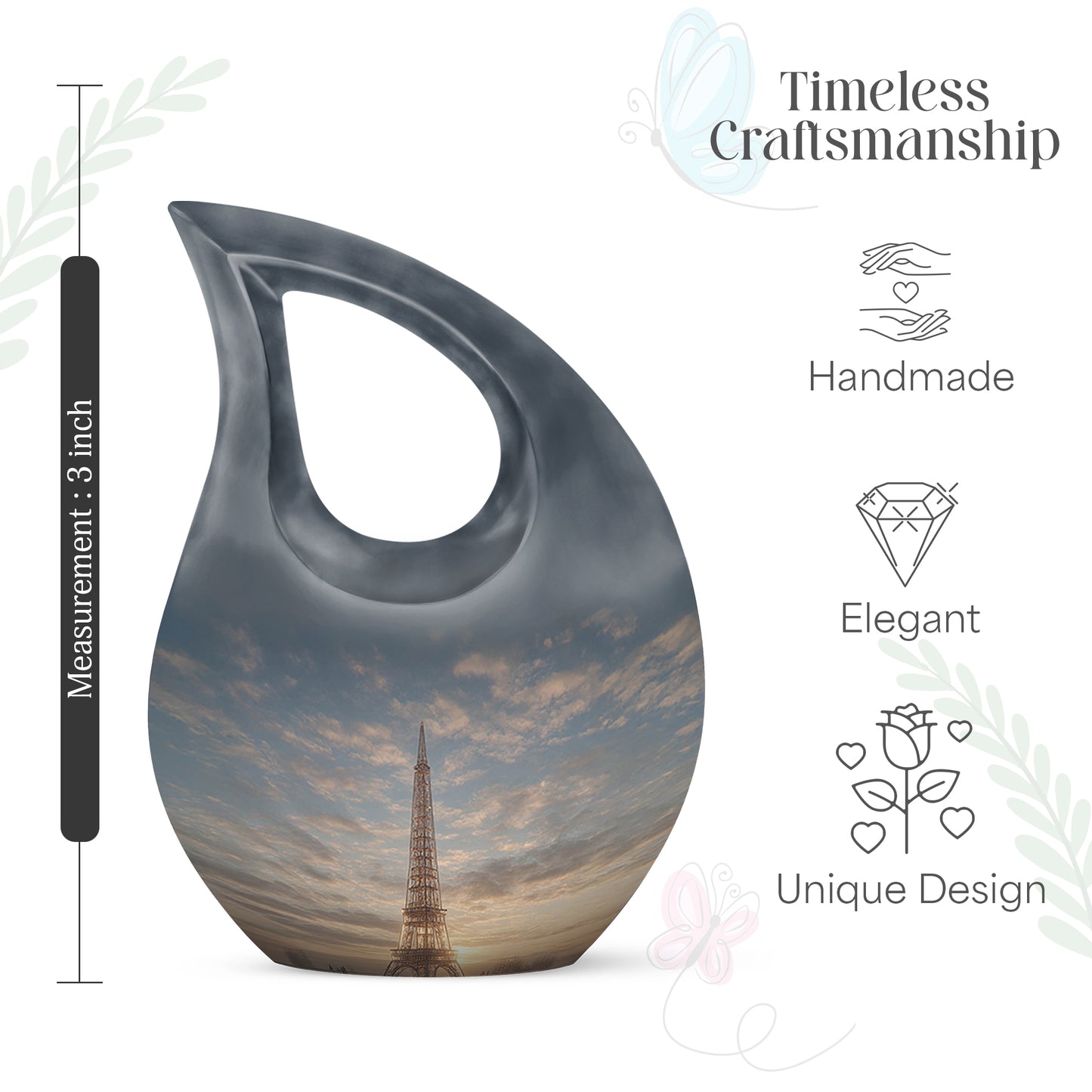 Dove Gray Eiffel Tower Cremation Urn back view with polished surface - cross and eiffel tower combined in spiritual memorial design - mini keepsake memorial for portion of cremation ashes