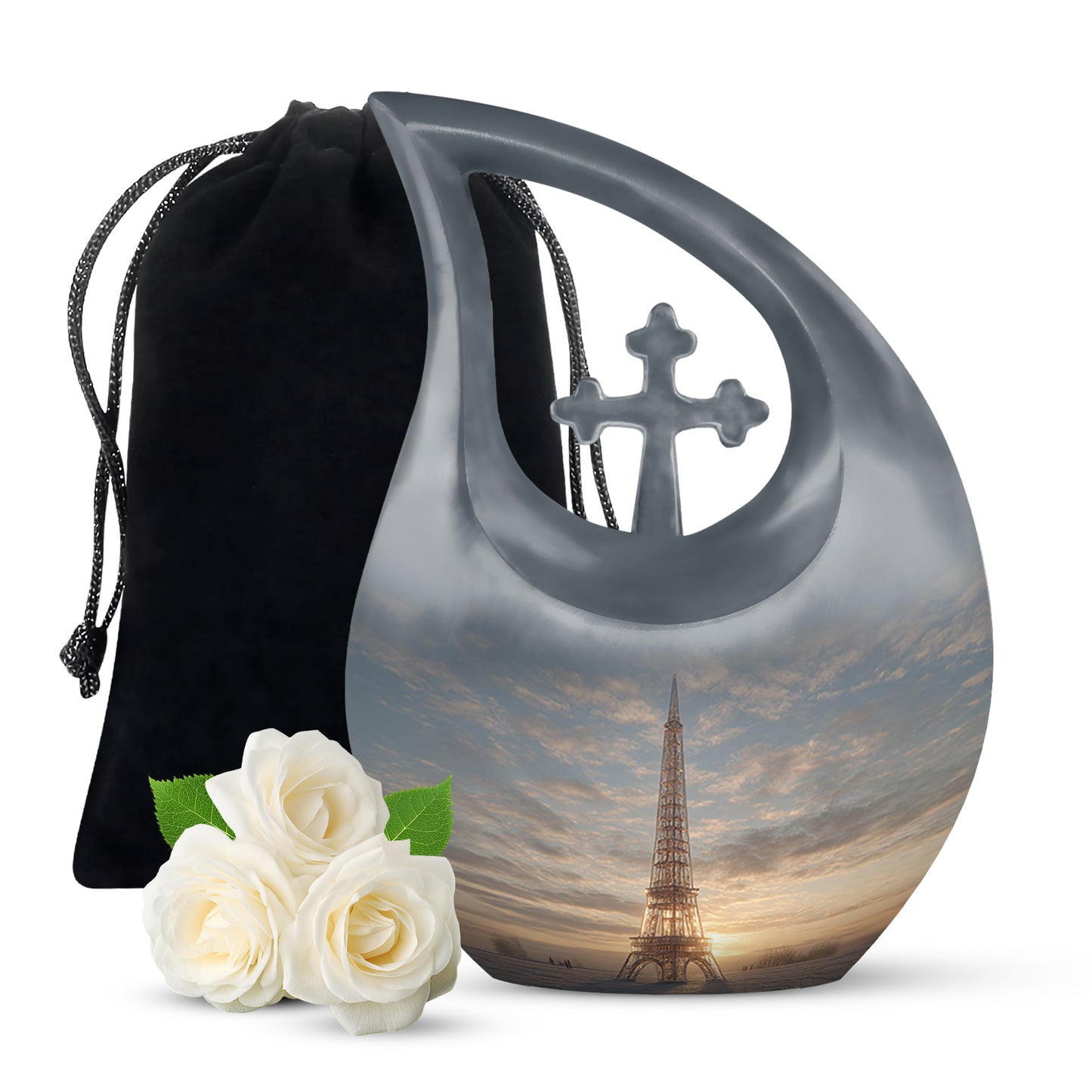 Pewter Gray Eiffel Tower Cremation Urn top-down view of secure threaded lid - sacred cross merged with eiffel tower motif on metal - full-size 10 inch 200 cubic inch adult cremation urn