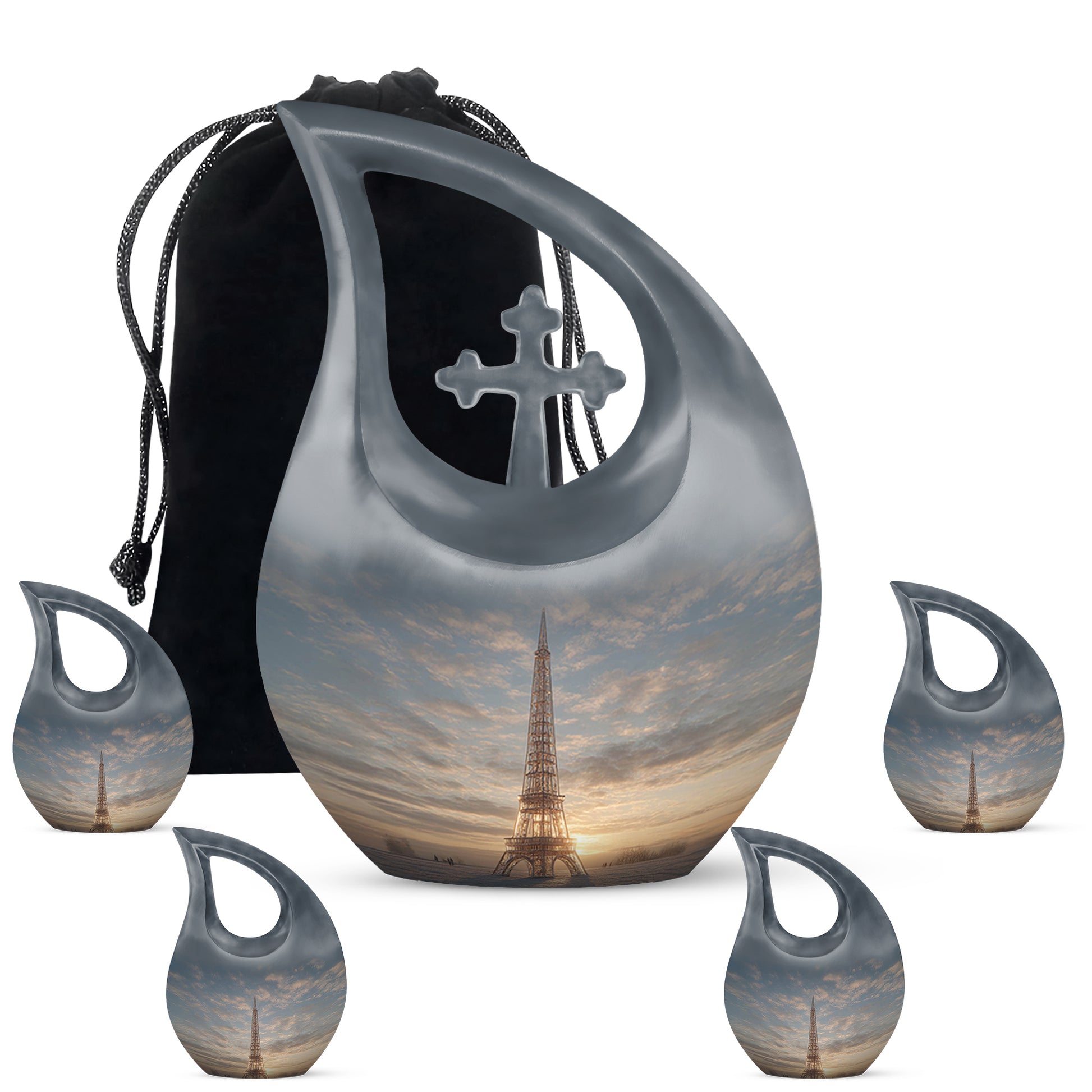 Charcoal Gray Eiffel Tower Cremation Urn urn with complimentary velvet bag - sacred cross merged with eiffel tower motif on metal - memorial set with one large and four small urns