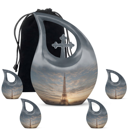 Charcoal Gray Eiffel Tower Cremation Urn urn with complimentary velvet bag - sacred cross merged with eiffel tower motif on metal - memorial set with one large and four small urns