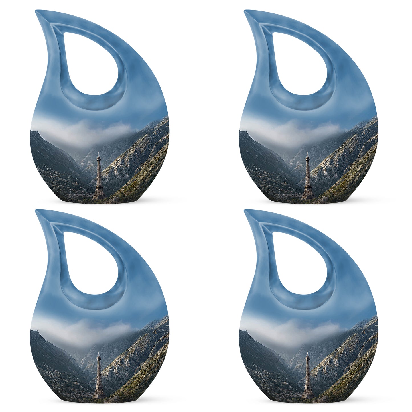 Royal Blue Eiffel Tower Cremation Urn lifestyle display on memorial shelf - faith-inspired cross-drop urn with eiffel tower pattern - 10 inch aluminum urn for cremated remains