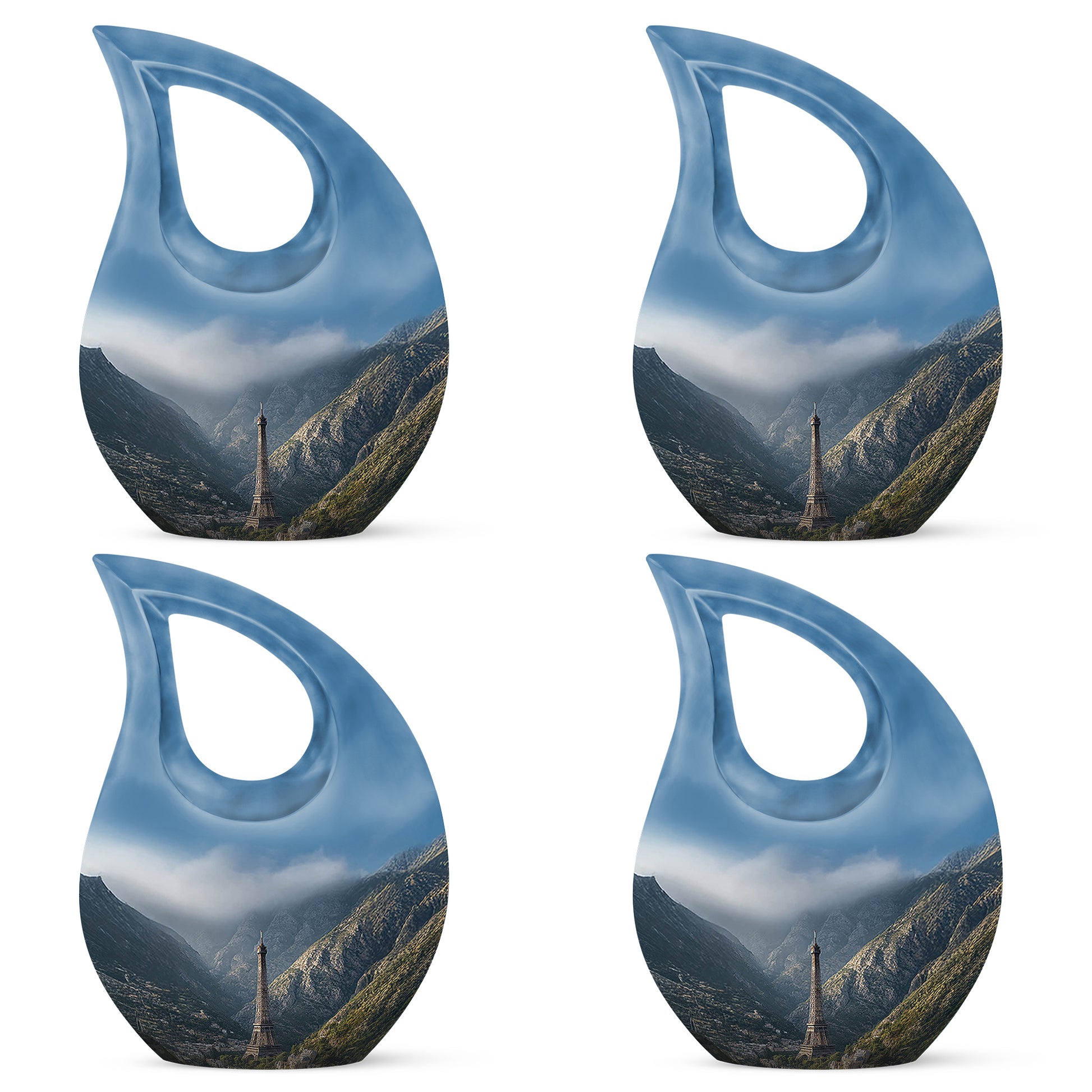 Royal Blue Eiffel Tower Cremation Urn lifestyle display on memorial shelf - faith-inspired cross-drop urn with eiffel tower pattern - 10 inch aluminum urn for cremated remains