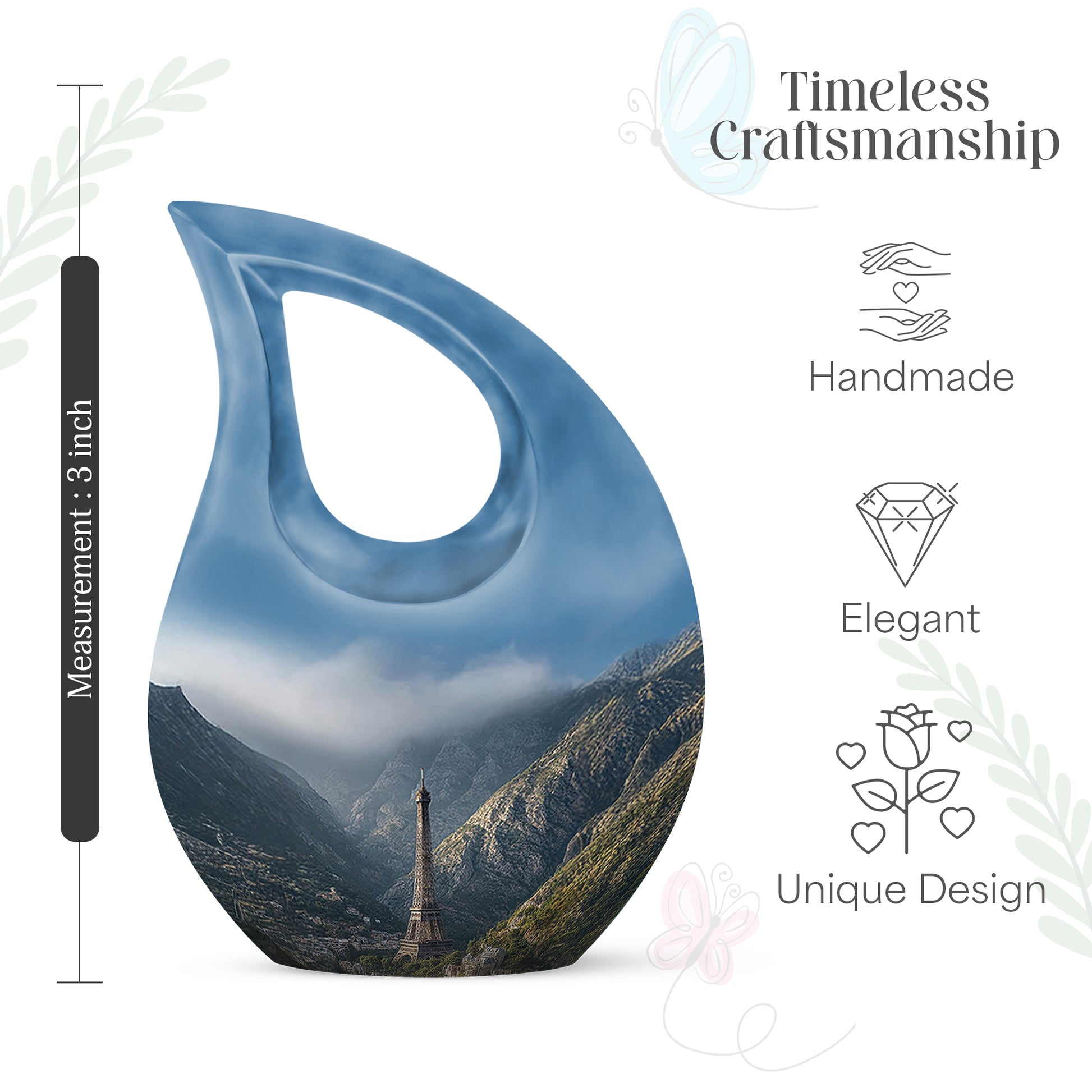 Misty Blue Eiffel Tower Cremation Urn back view with polished surface - sacred cross merged with eiffel tower motif on metal - mini keepsake memorial for portion of cremation ashes