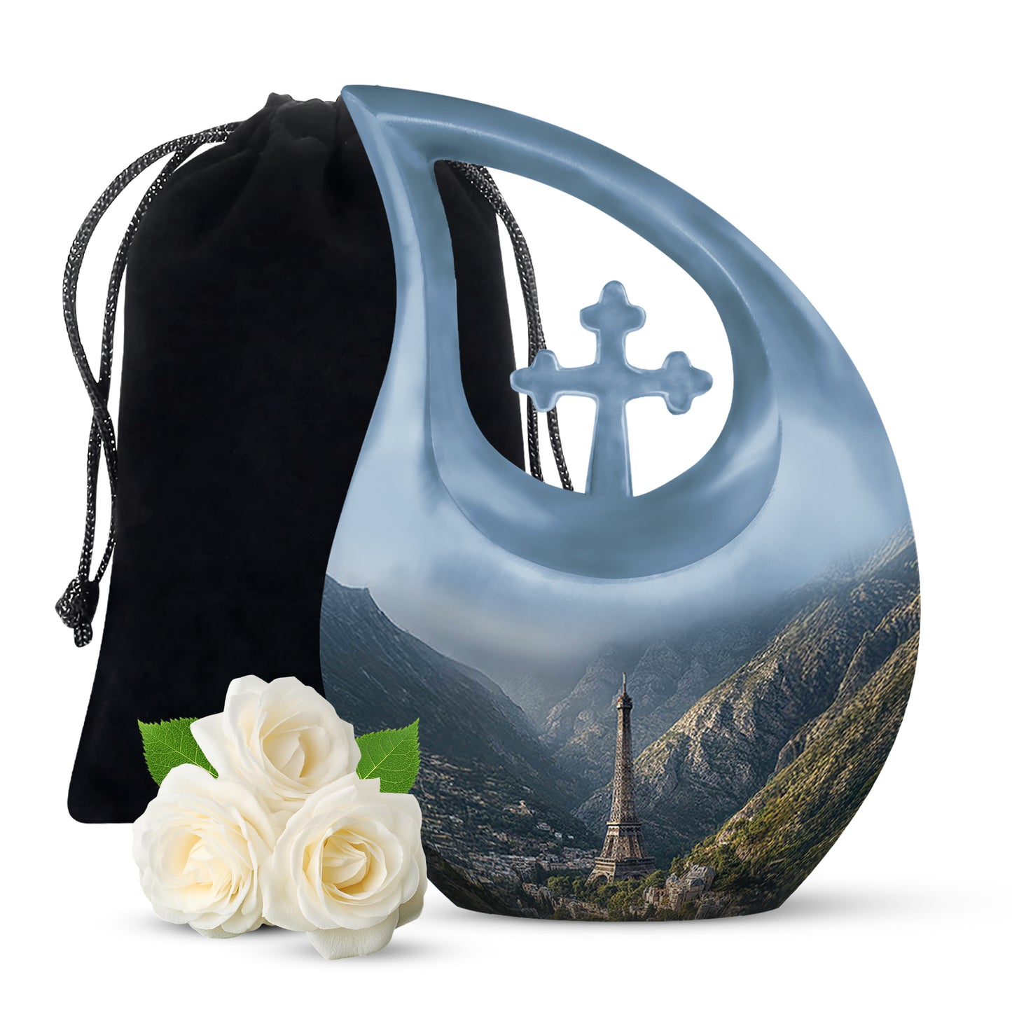 Misty Blue Eiffel Tower Cremation Urn top-down view of secure threaded lid - sacred cross merged with eiffel tower motif on metal - full-size 10 inch 200 cubic inch adult cremation urn