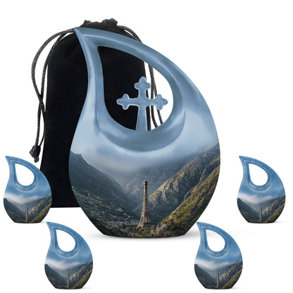 Indigo Eiffel Tower Cremation Urn urn with complimentary velvet bag - sacred cross merged with eiffel tower motif on metal - memorial set with one large and four small urns