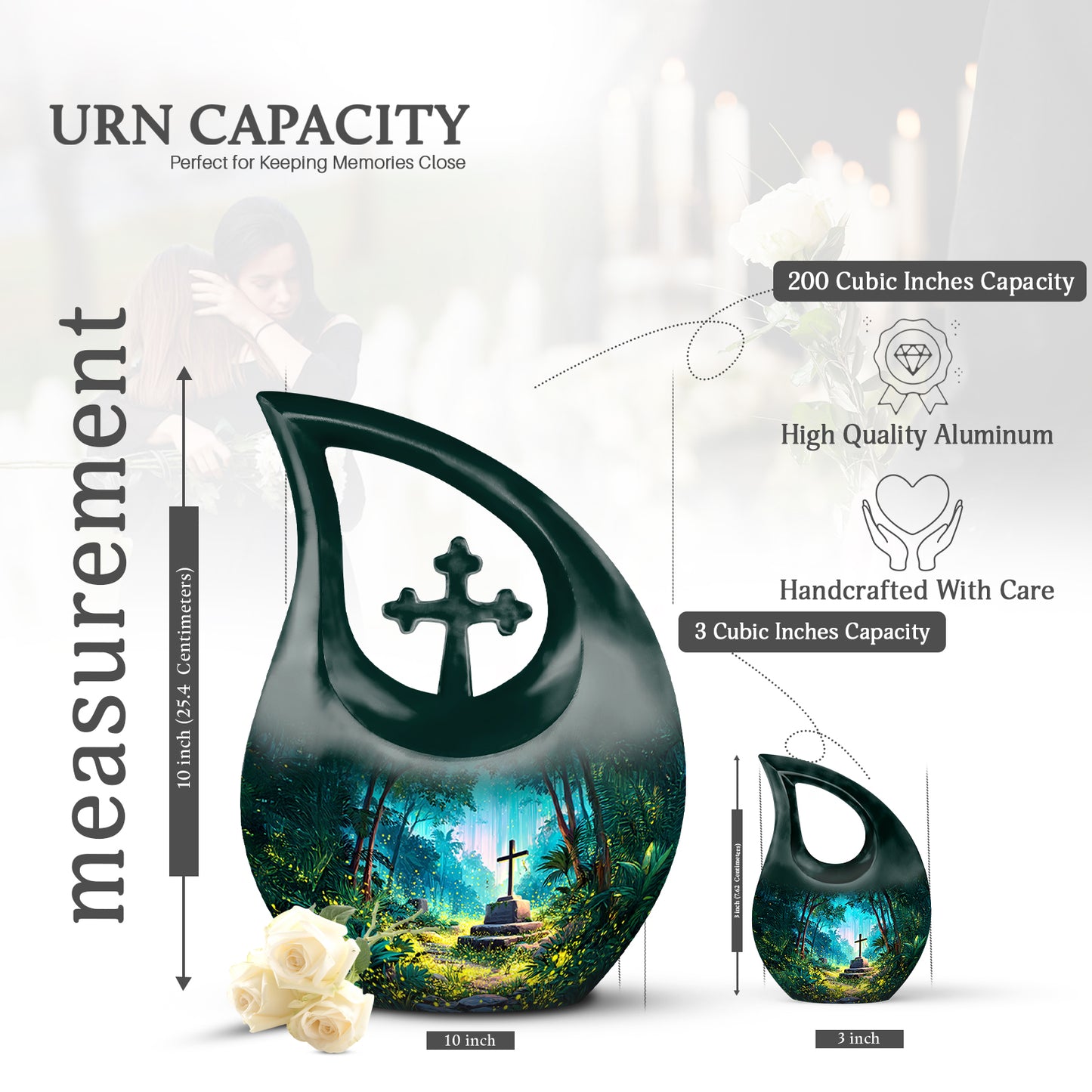 Soft Teal Cross Cremation Urn back view with polished surface - sacred cross merged with cross motif on metal - mini keepsake memorial for portion of cremation ashes
