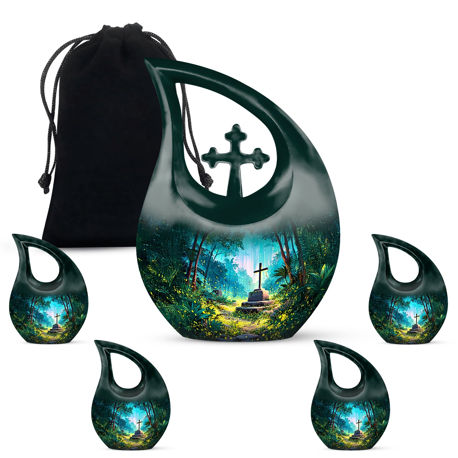 Tropical Teal Cross Cremation Urn urn with complimentary velvet bag - faith-inspired cross-drop urn with cross pattern - memorial set with one large and four small urns