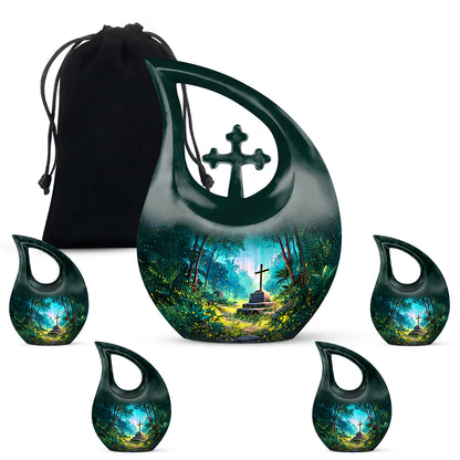 Tropical Teal Cross Cremation Urn urn with complimentary velvet bag - faith-inspired cross-drop urn with cross pattern - memorial set with one large and four small urns