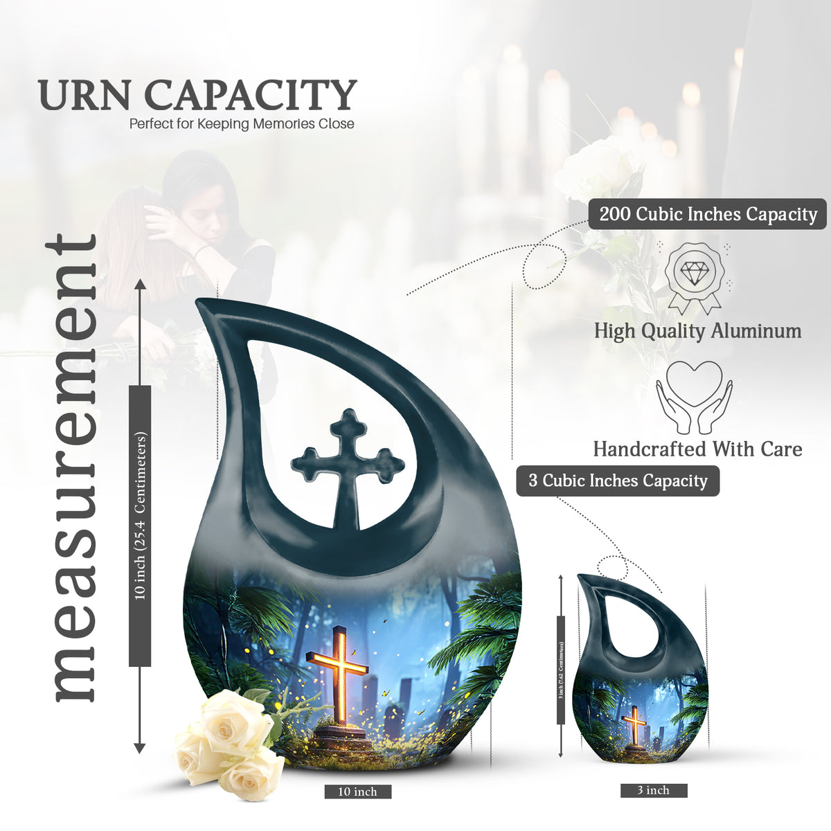 Calming Blue Cross Cremation Urn back view with polished surface - devotional cross-drop cross engraving - mini keepsake memorial for portion of cremation ashes