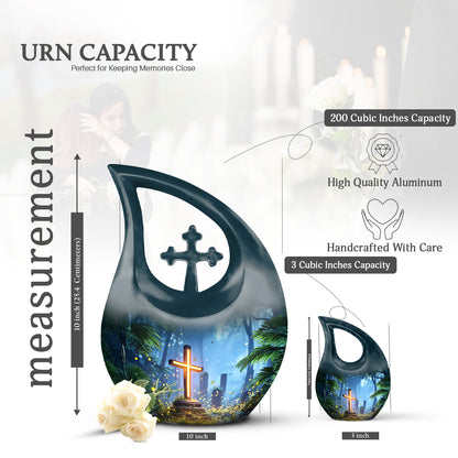 Calming Blue Cross Cremation Urn back view with polished surface - devotional cross-drop cross engraving - mini keepsake memorial for portion of cremation ashes