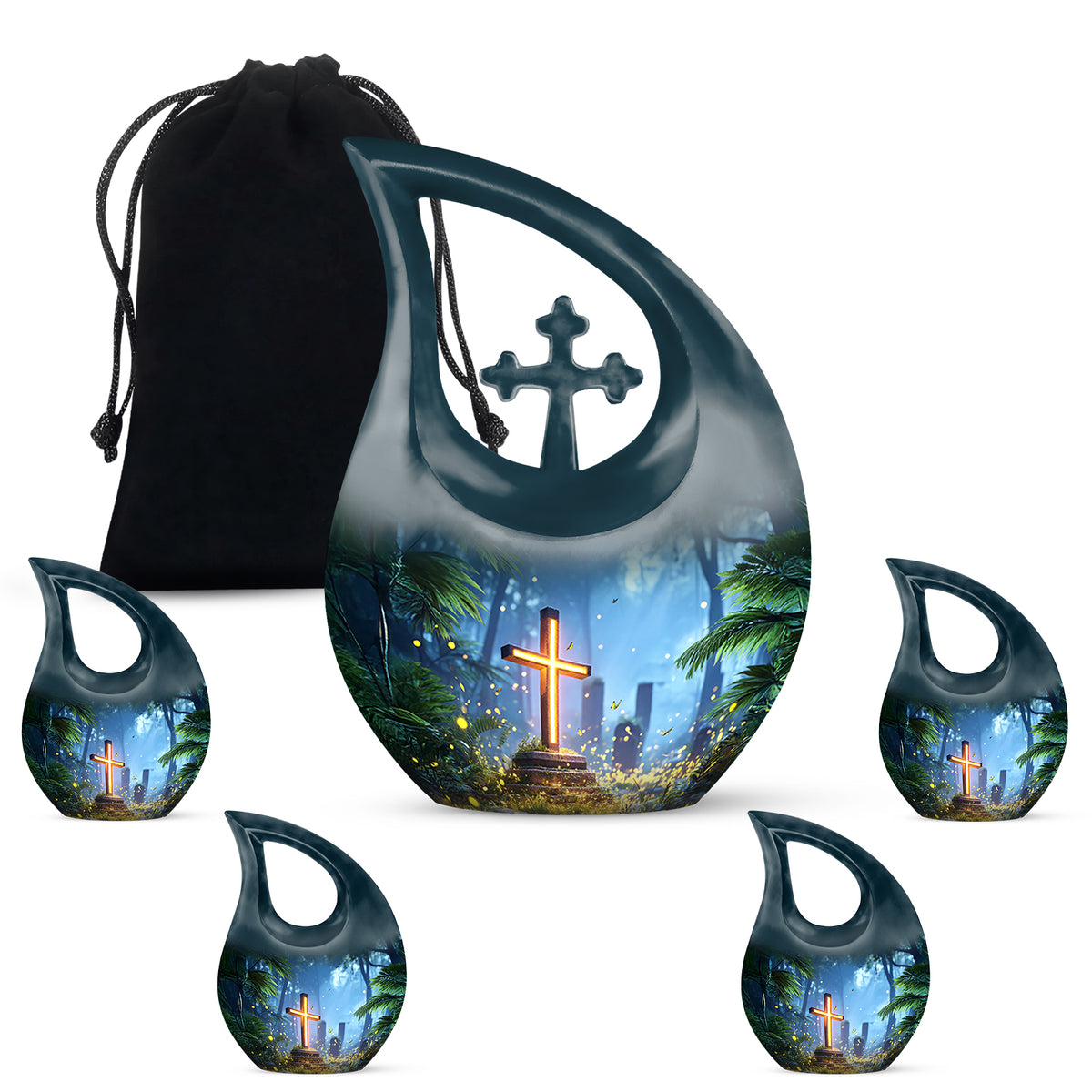 Calming Blue Cross Cremation Urn urn with complimentary velvet bag - devotional cross-drop cross engraving - memorial set with one large and four small urns