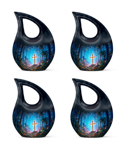 Steel Blue Cross Cremation Urn lifestyle display on memorial shelf - faith-inspired cross-drop urn with cross pattern - 10 inch aluminum urn for cremated remains