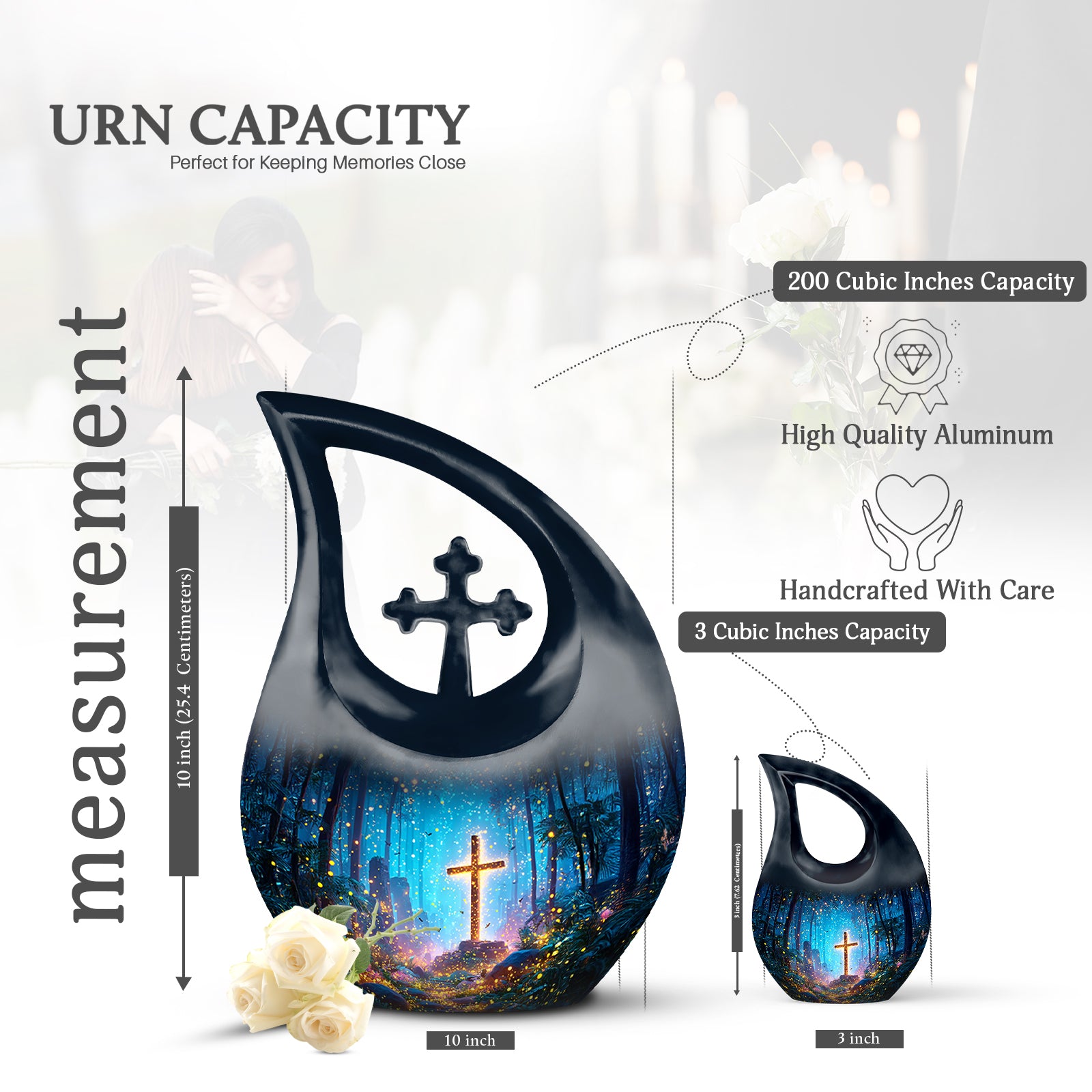 Serene Blue Cross Cremation Urn back view with polished surface - devotional cross-drop cross engraving - mini keepsake memorial for portion of cremation ashes